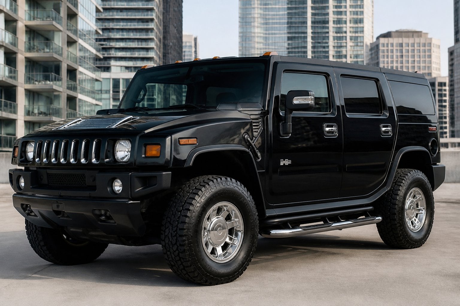 A Hummer H2 parked in a city environment with buildings in the background.