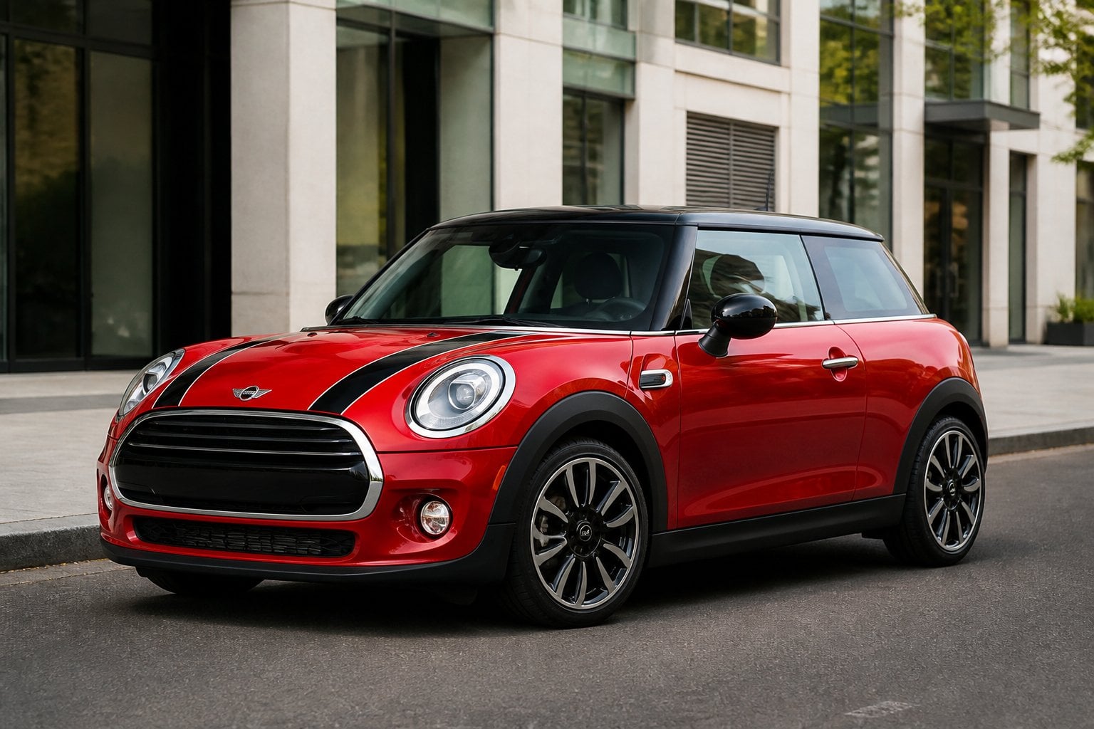 A modern Mini Cooper parked on a city street with buildings in the background.