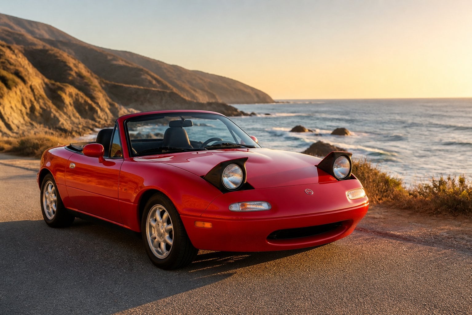 A red first-generation Mazda MX-5 Miata parked on a coastal road with the ocean and sky in the background.
