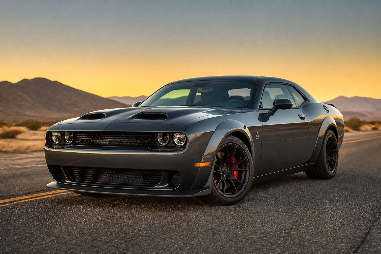 A Dodge Challenger Hellcat parked on an empty road with desert mountains in the background.