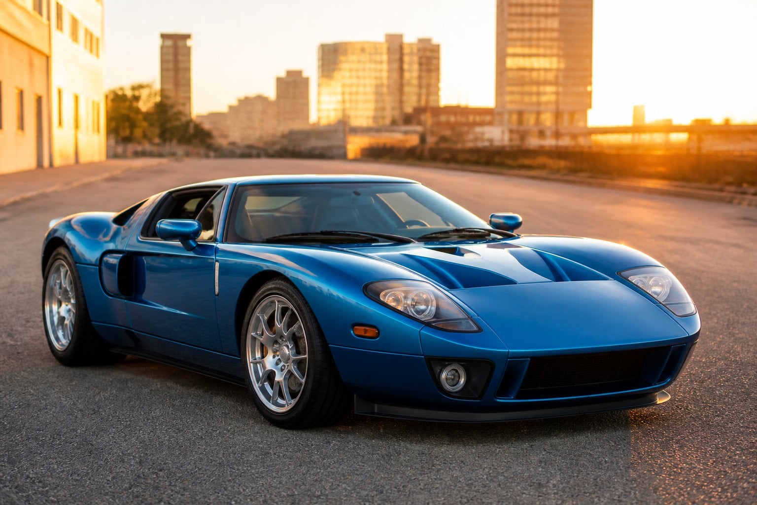A blue sports car parked on an empty urban street with buildings in the background during sunset.