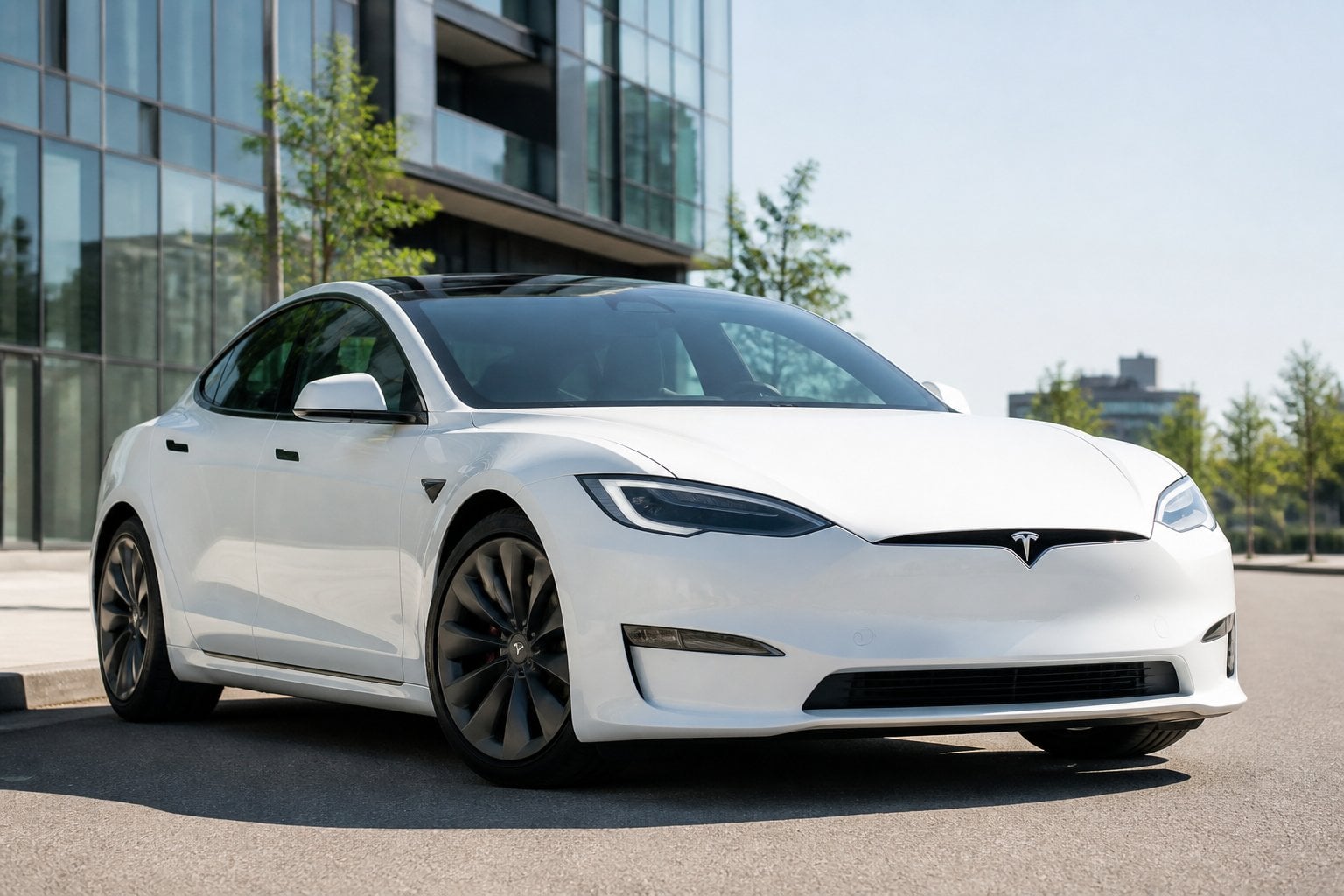 A white Tesla Model S parked on a city street with modern buildings in the background.