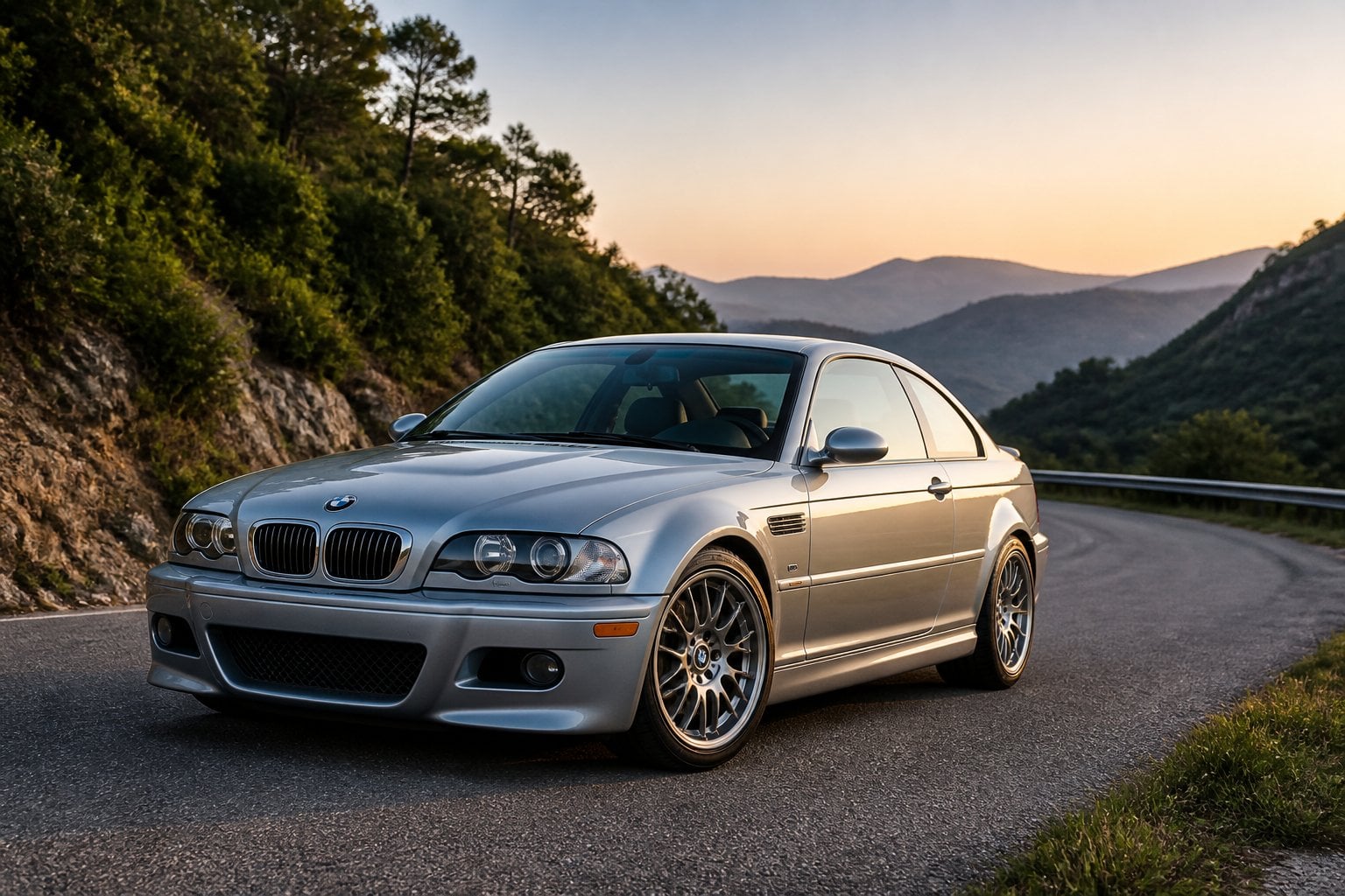 A BMW M3 E46 parked on a winding mountain road with green hills in the background under a clear sky.