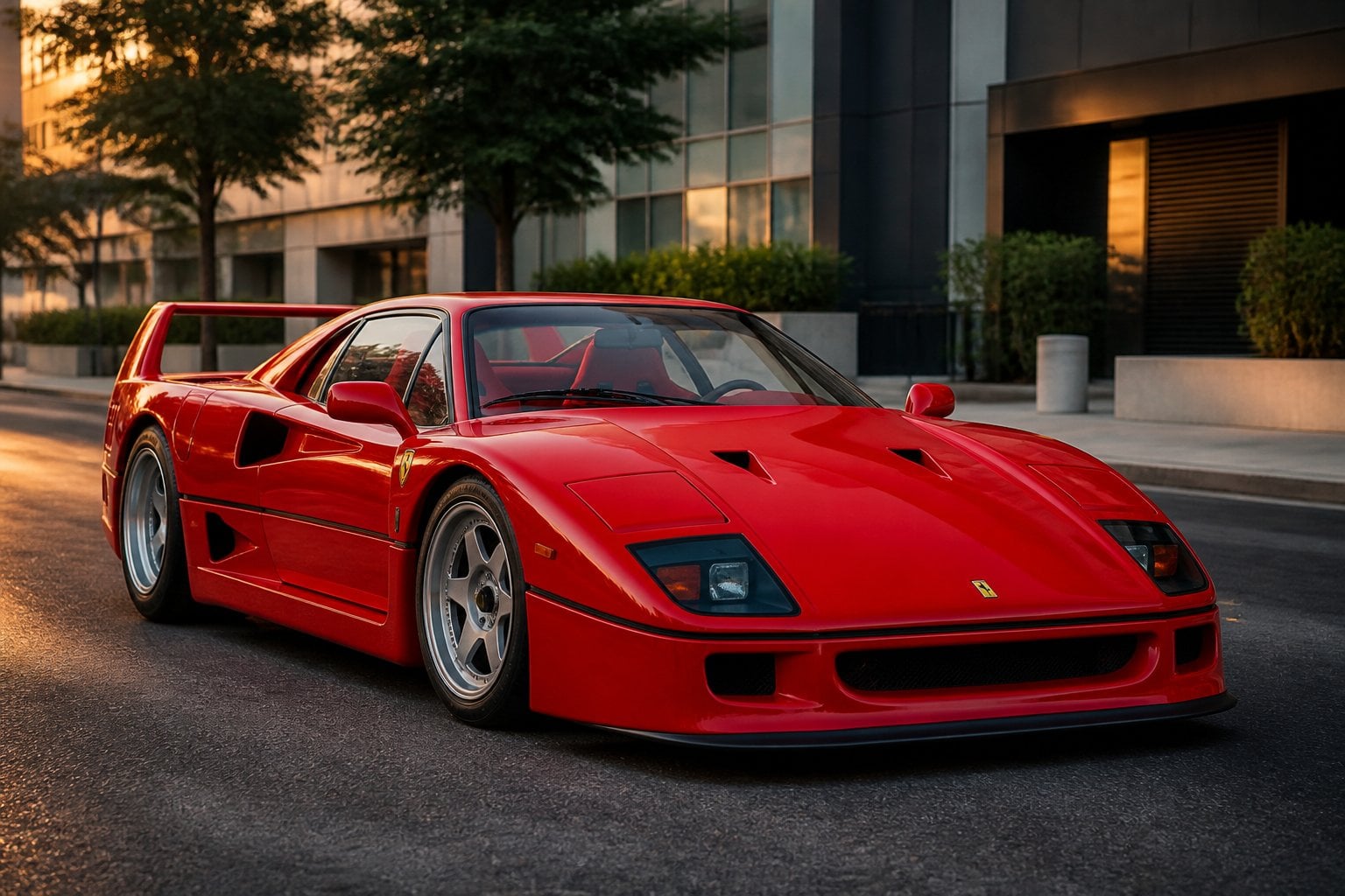 A red Ferrari F40 sports car parked on an empty city street with buildings in the background.