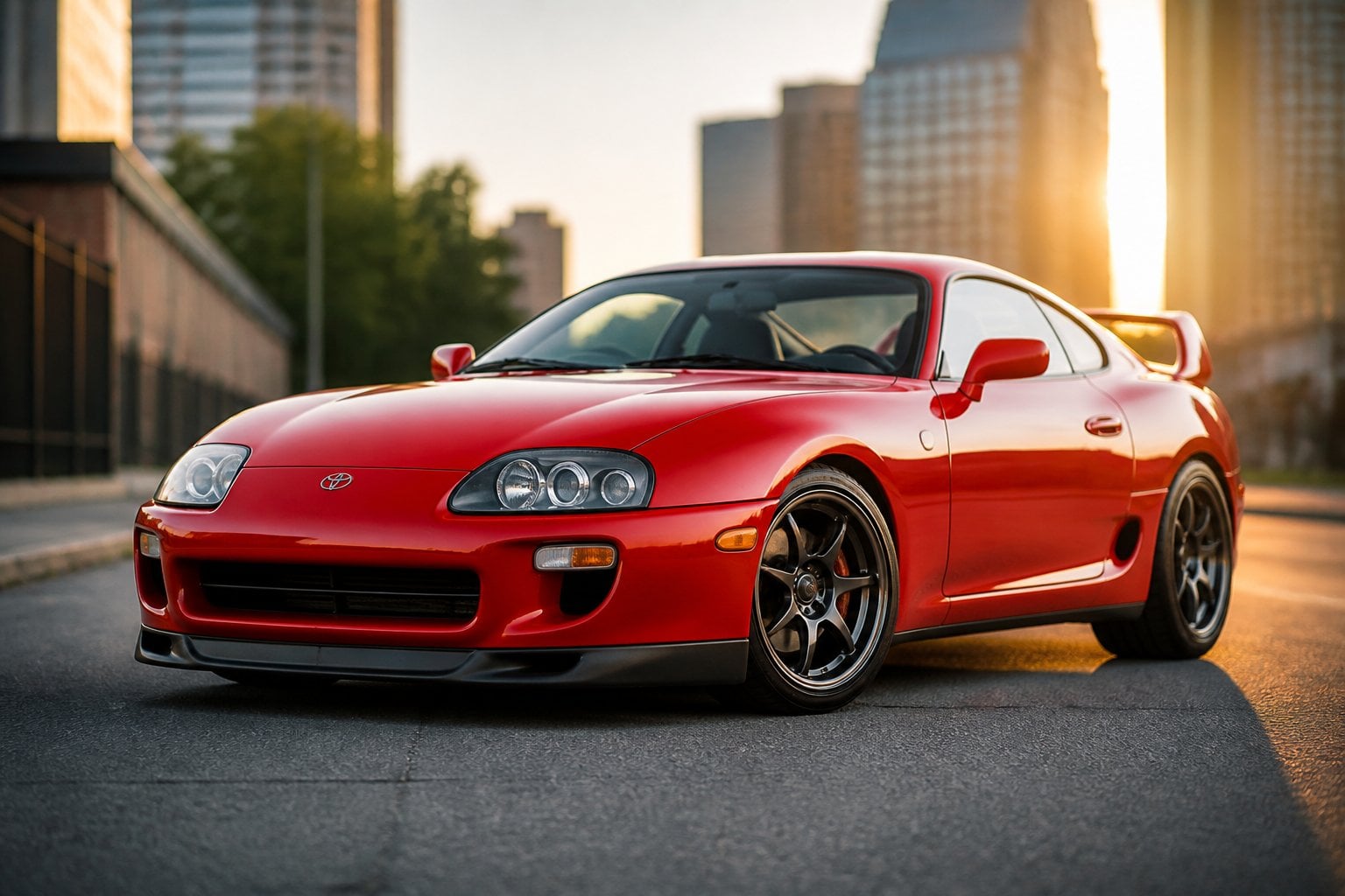 A red Toyota Supra Mk4 sports car parked on an empty city street during sunset.