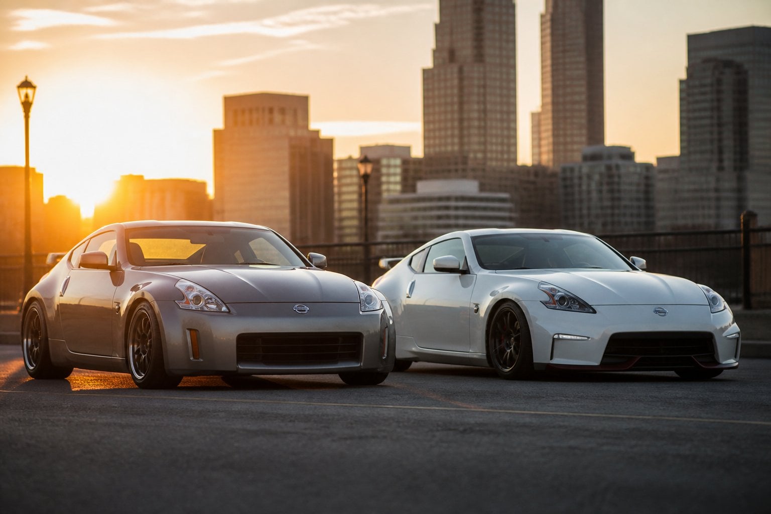 Two Nissan sports cars, a 350Z and a 370Z, parked side by side on a city street during sunset.