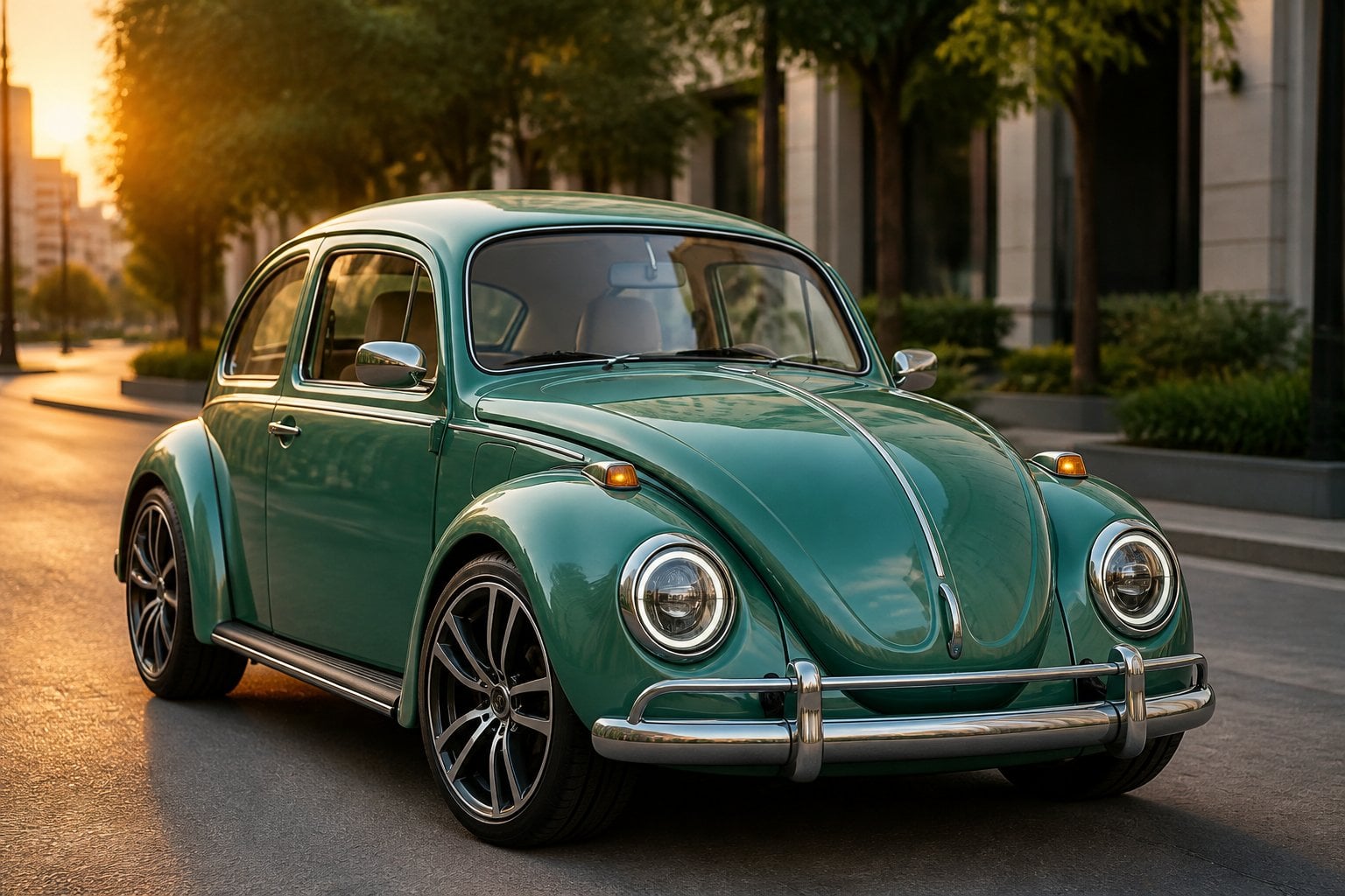 A Volkswagen Beetle car parked on a city street with trees and buildings in the background.
