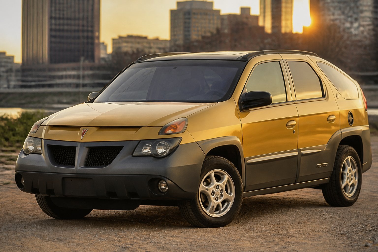 A Pontiac Aztek parked on a city street with buildings in the background during sunset.