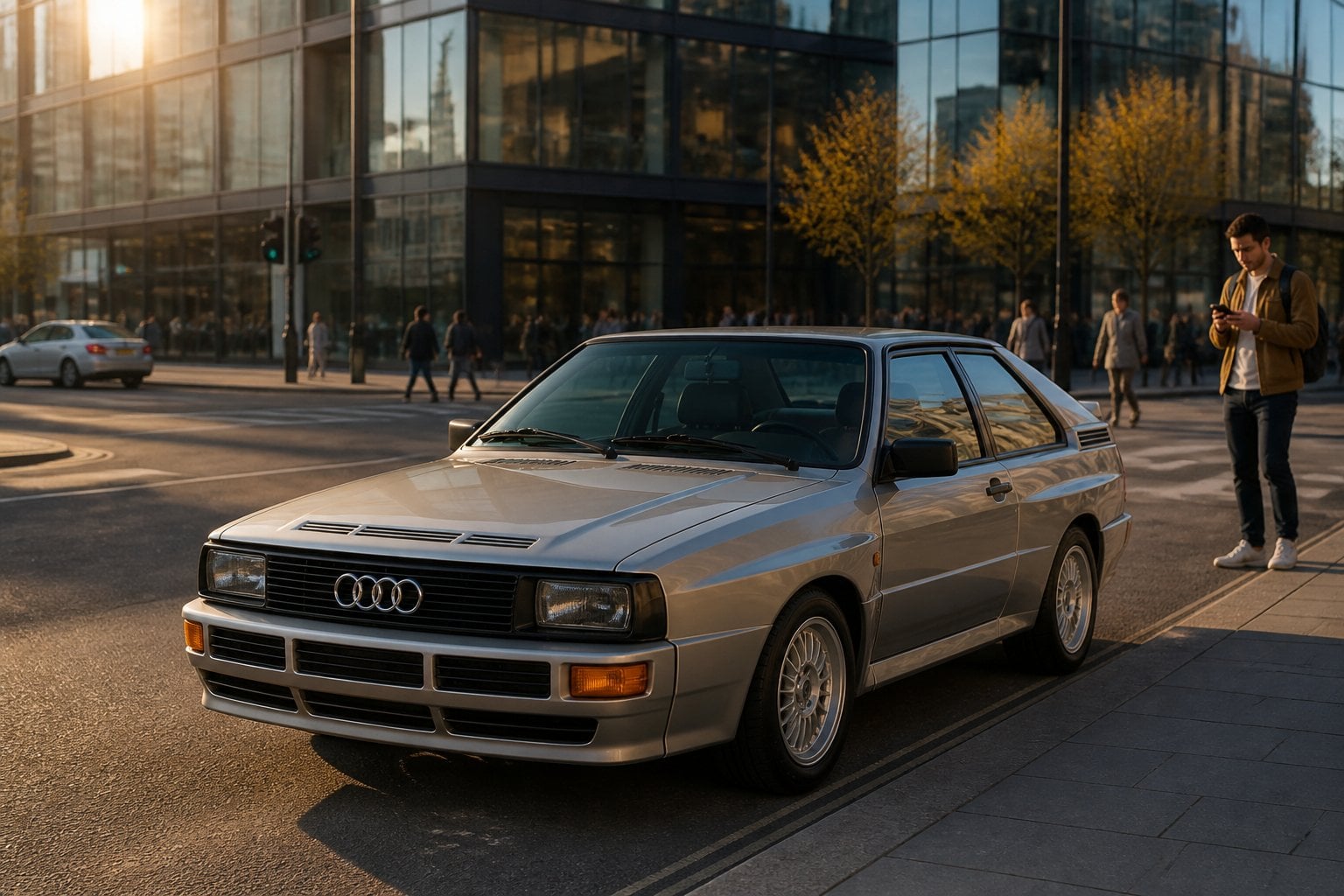 A classic Audi Quattro parked on a city street with modern buildings and pedestrians in the background during sunset.