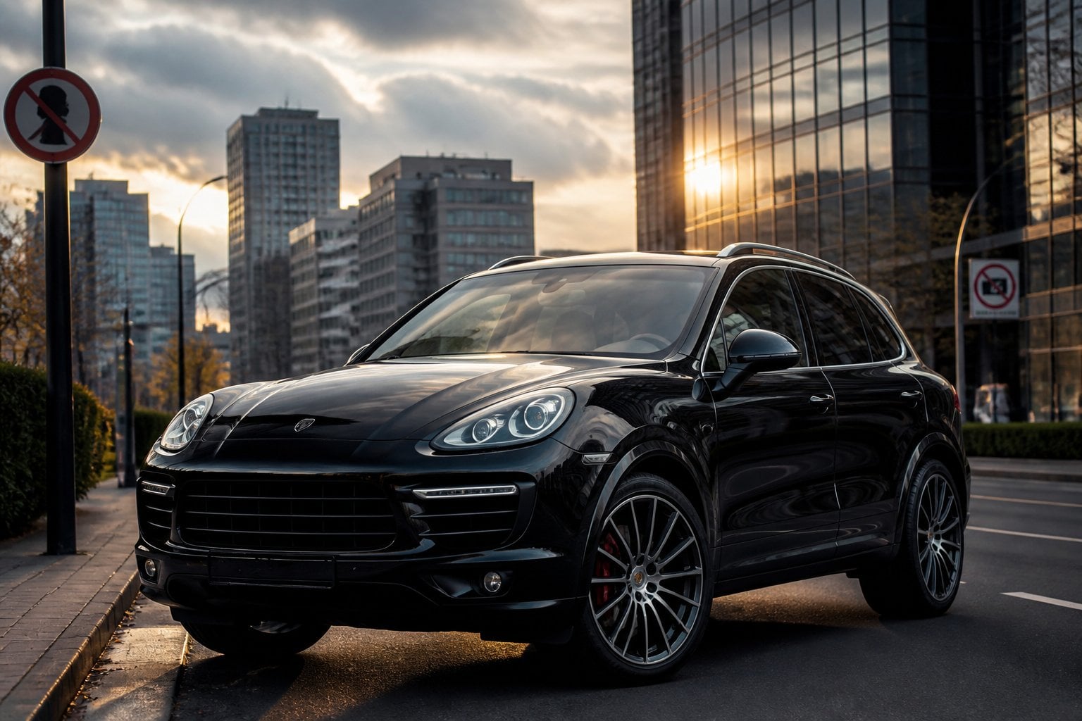 A black Porsche Cayenne SUV parked on a city street with modern buildings in the background under a partly cloudy sky.