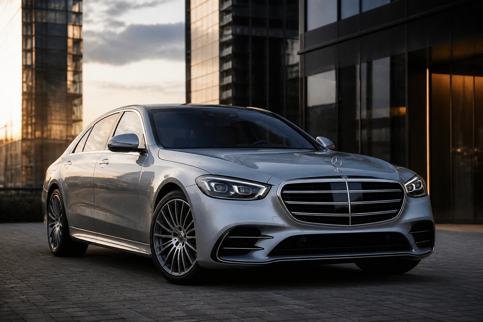 A silver Mercedes-Benz S-Class parked in a city setting with modern buildings in the background.