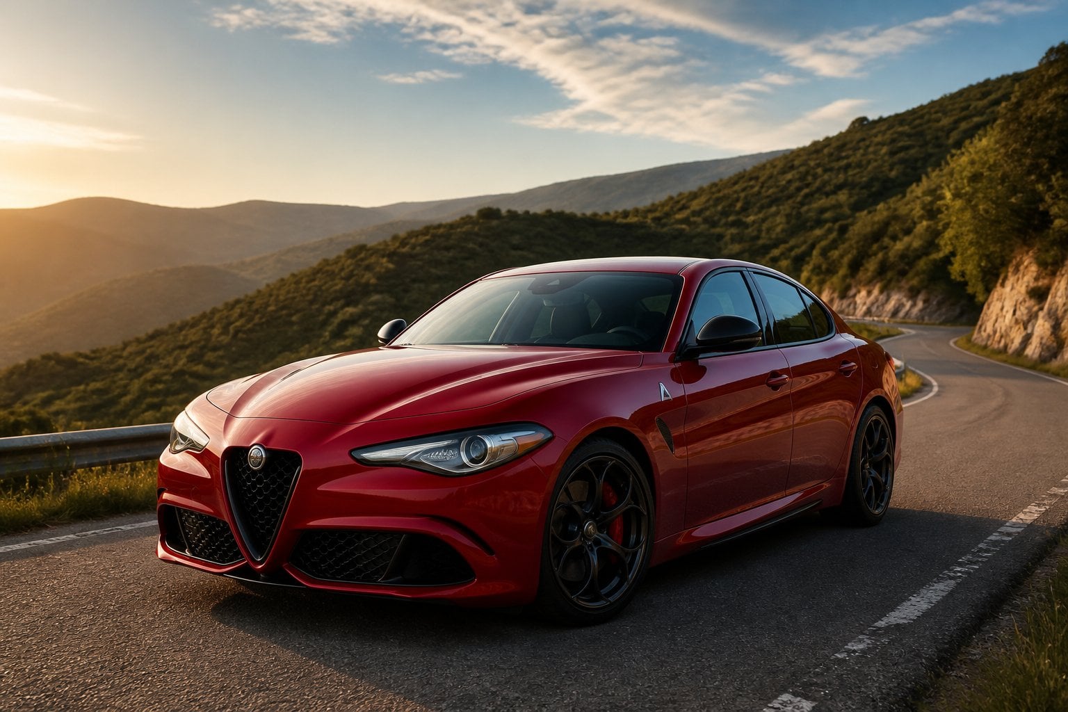 Red Alfa Romeo Giulia parked on a winding mountain road with green hills and a blue sky in the background.