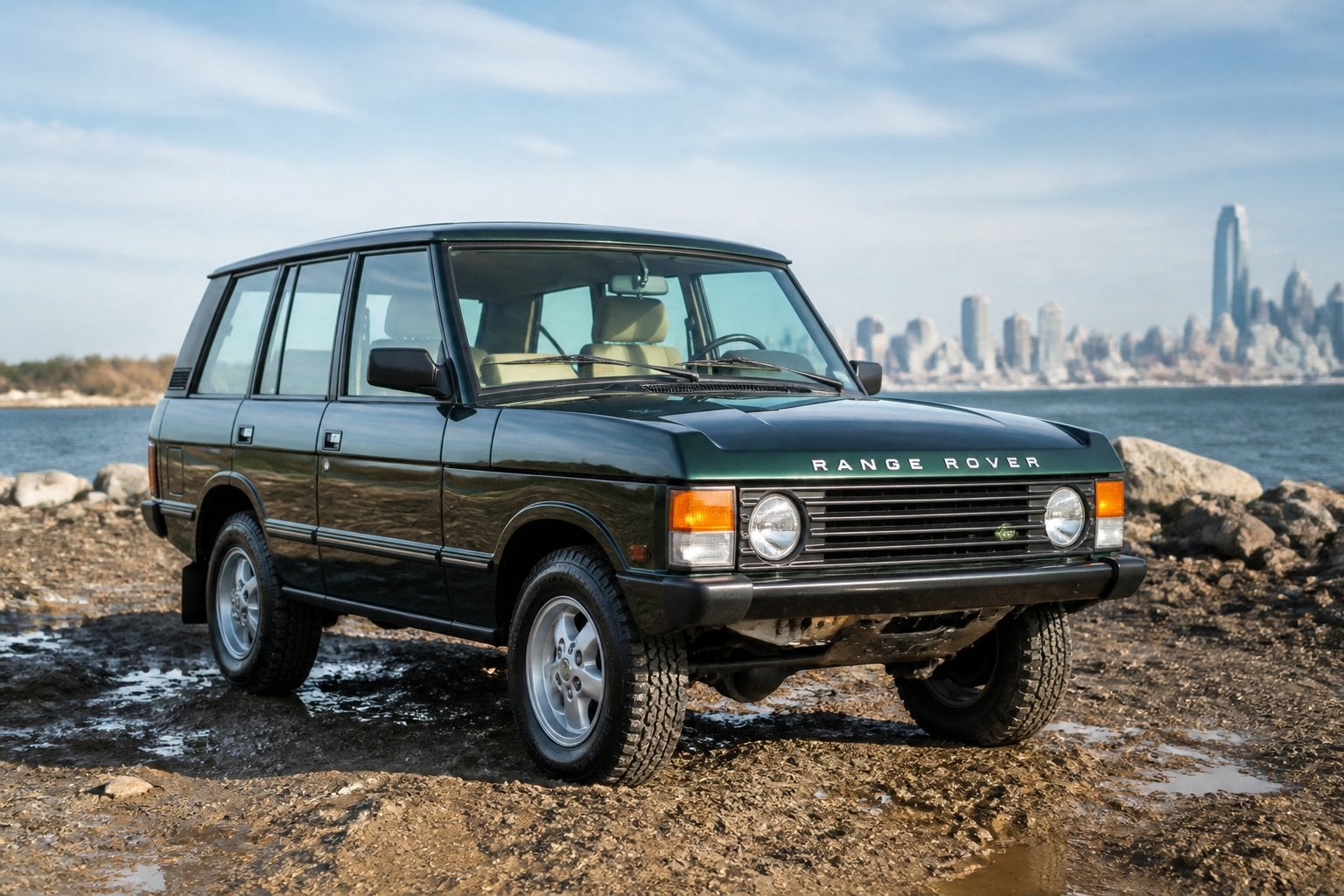 A classic Range Rover parked on rocky, muddy terrain with a city skyline in the background.