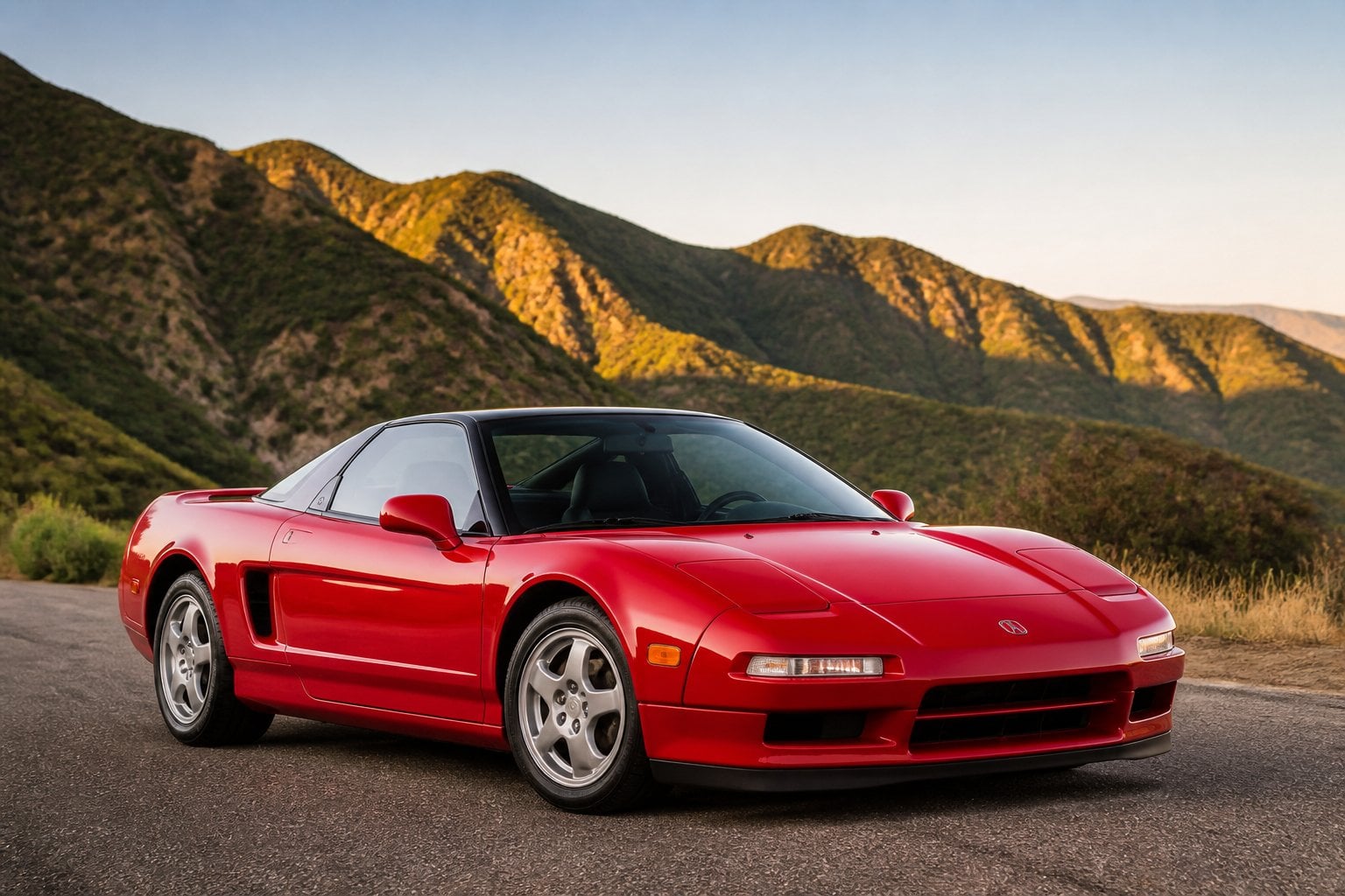 A red first-generation Acura NSX sports car parked on a mountain road with green hills and a clear blue sky in the background.