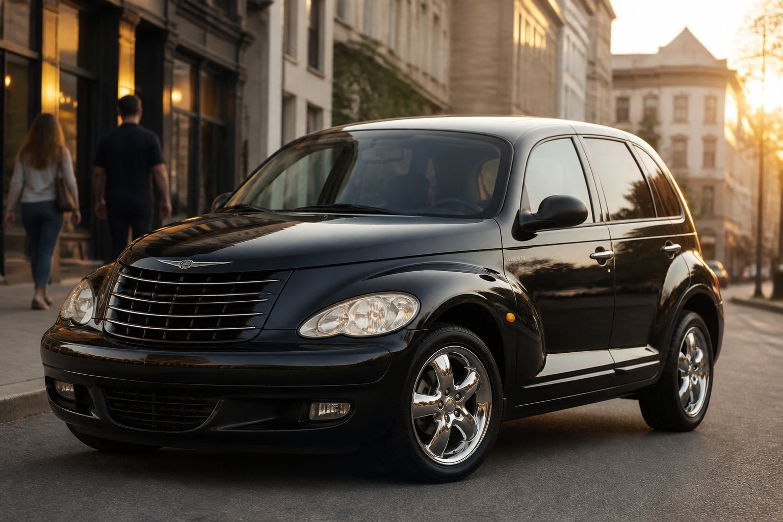 A Chrysler PT Cruiser parked on a city street with buildings and people in the background.