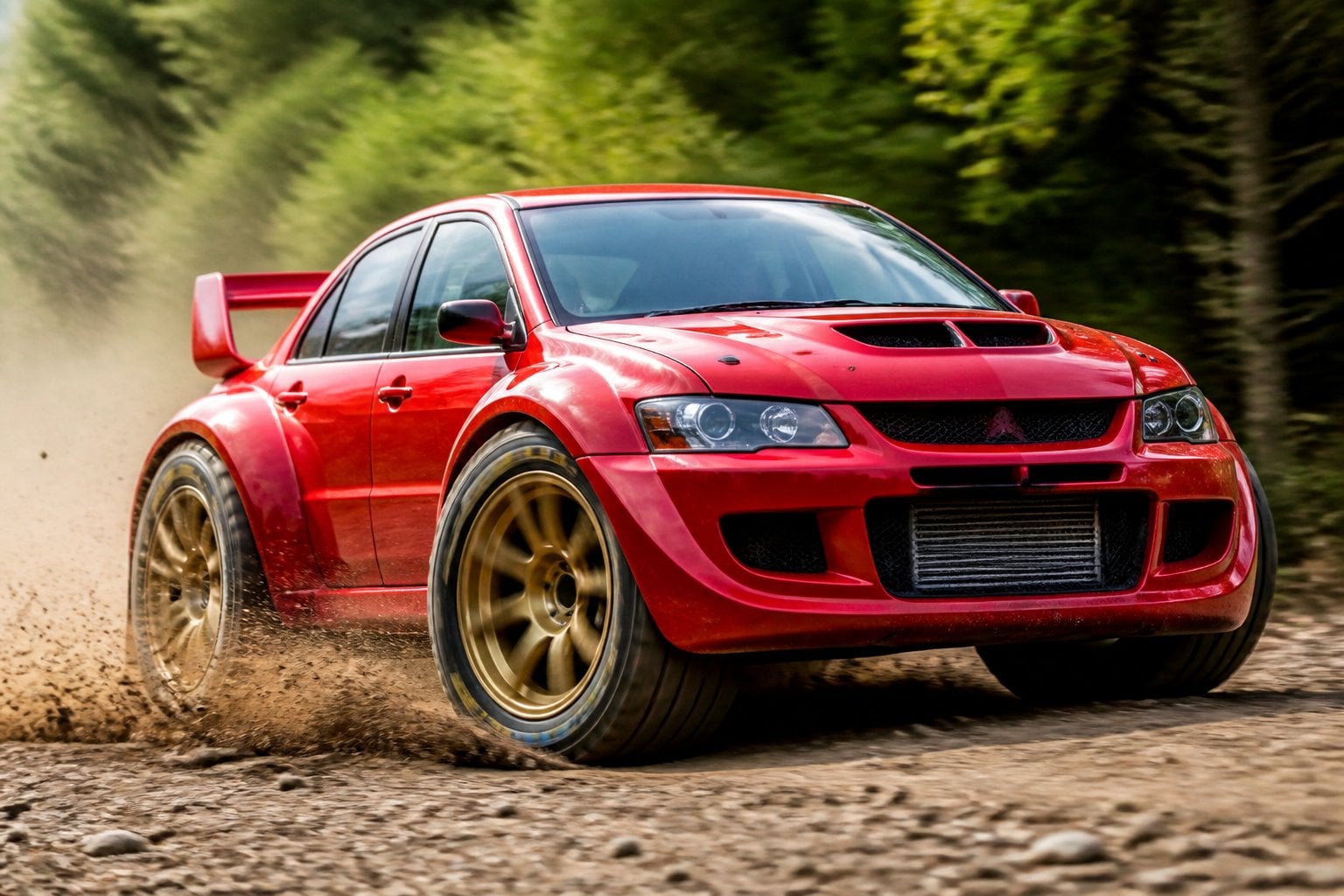 A Mitsubishi Lancer Evolution rally car with exaggerated features driving fast on a dusty forest rally track.
