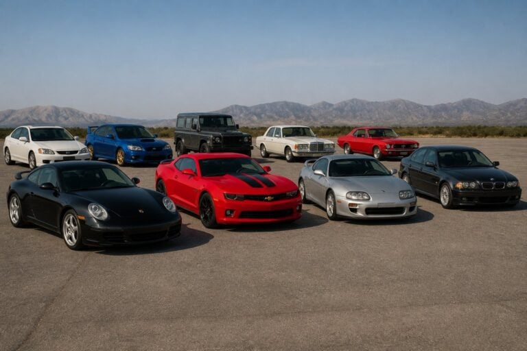 A lineup of various cars from different eras and styles parked outdoors on a paved lot under a clear sky.