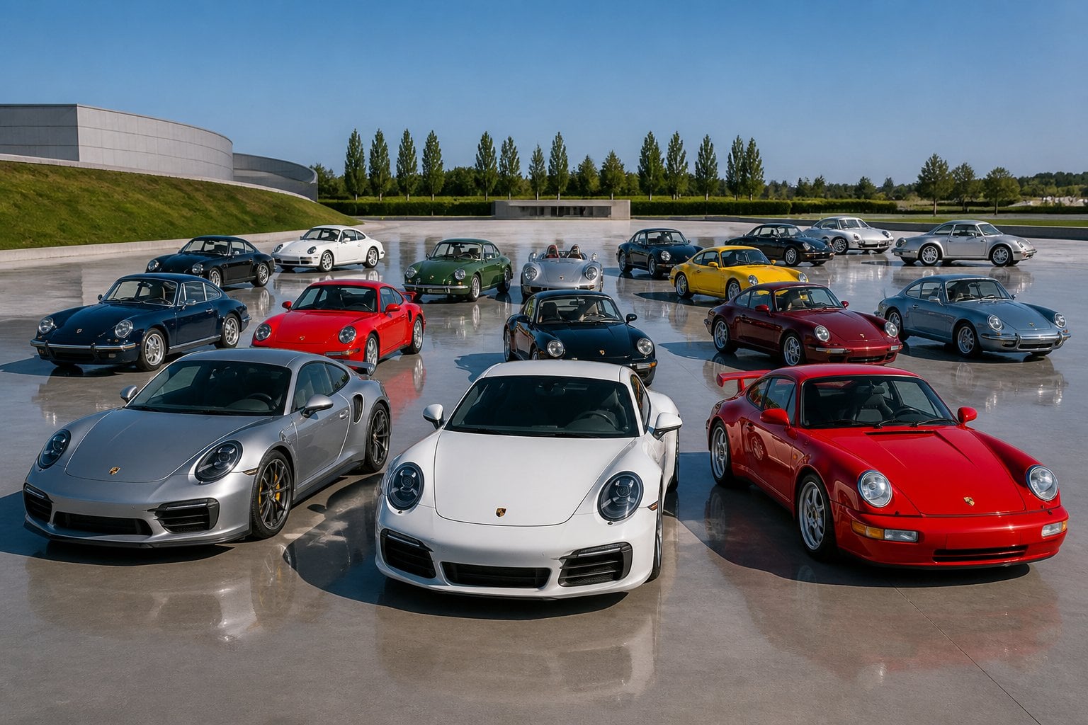 A group of various classic and modern Porsche cars arranged outdoors on a smooth surface under a clear sky.