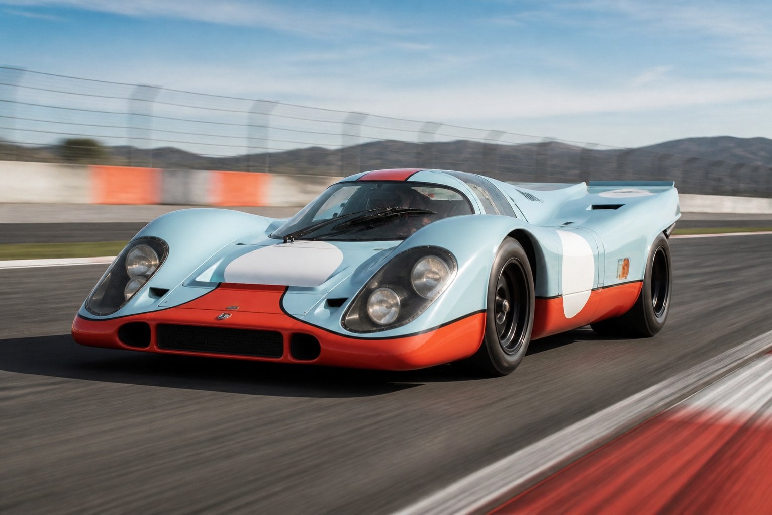 A Porsche 917 K race car on a racetrack, captured in motion with a clear sky background.