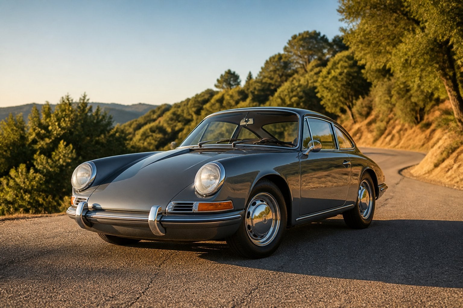 A classic 1964 Porsche 911 parked on a scenic road with greenery and blue sky in the background.