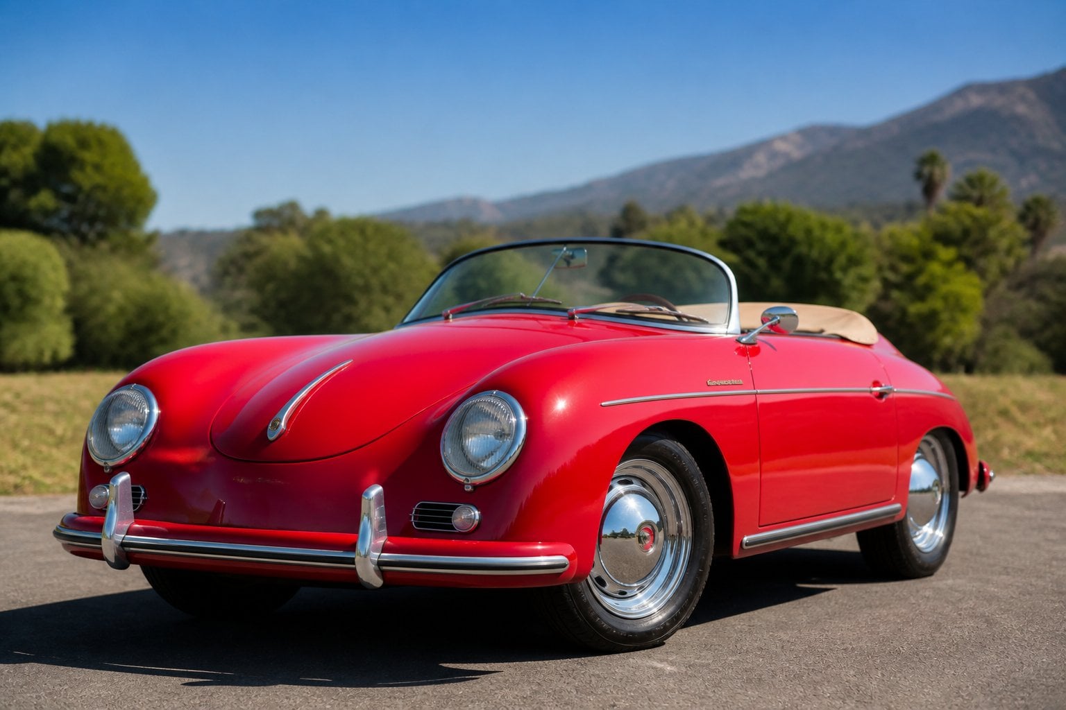 A red Porsche 356 Speedster parked outdoors with trees and blue sky in the background.
