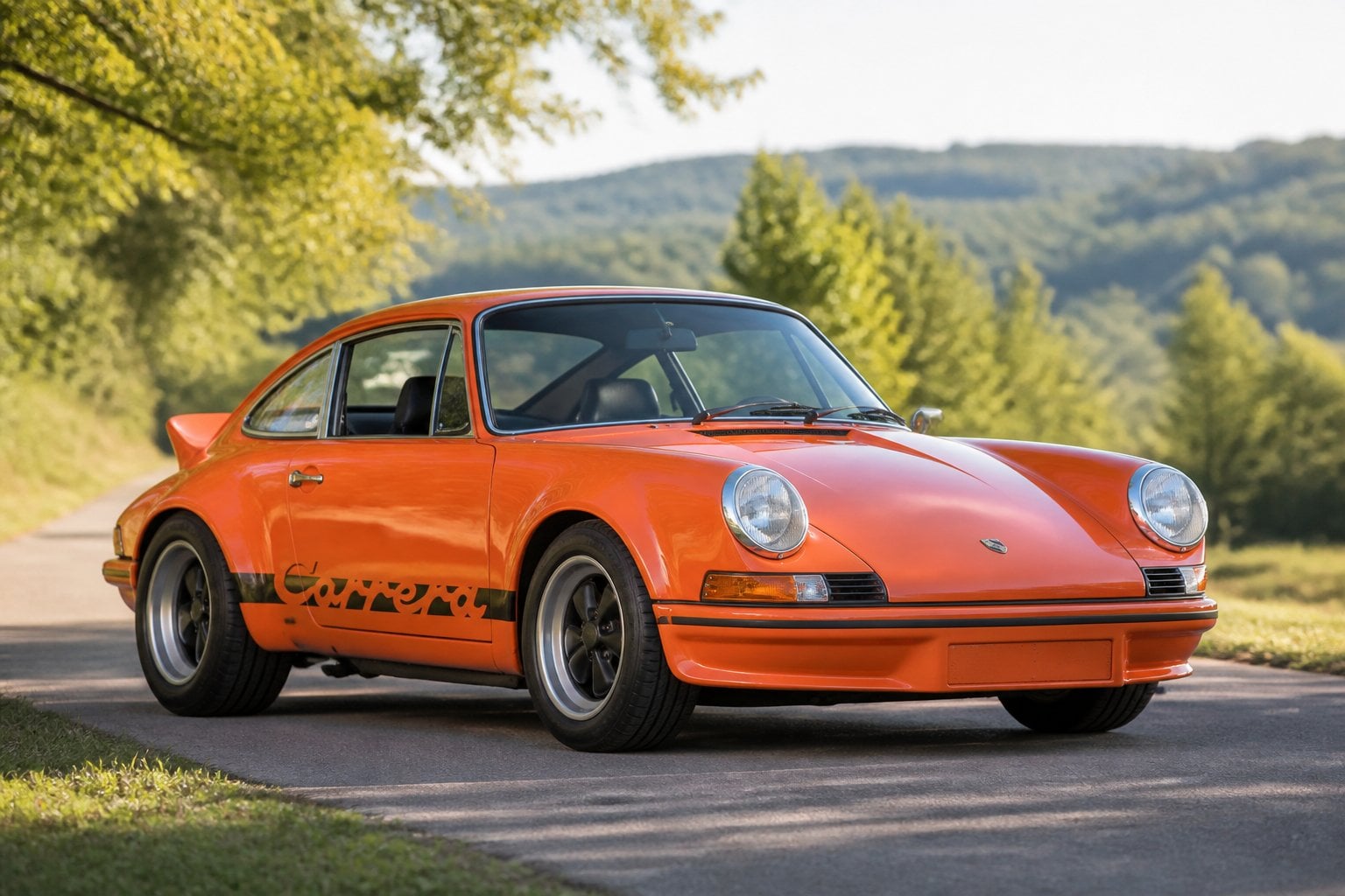 A classic orange Porsche 911 Carrera RS 2.7 from 1973 parked outdoors on a countryside road with greenery in the background.