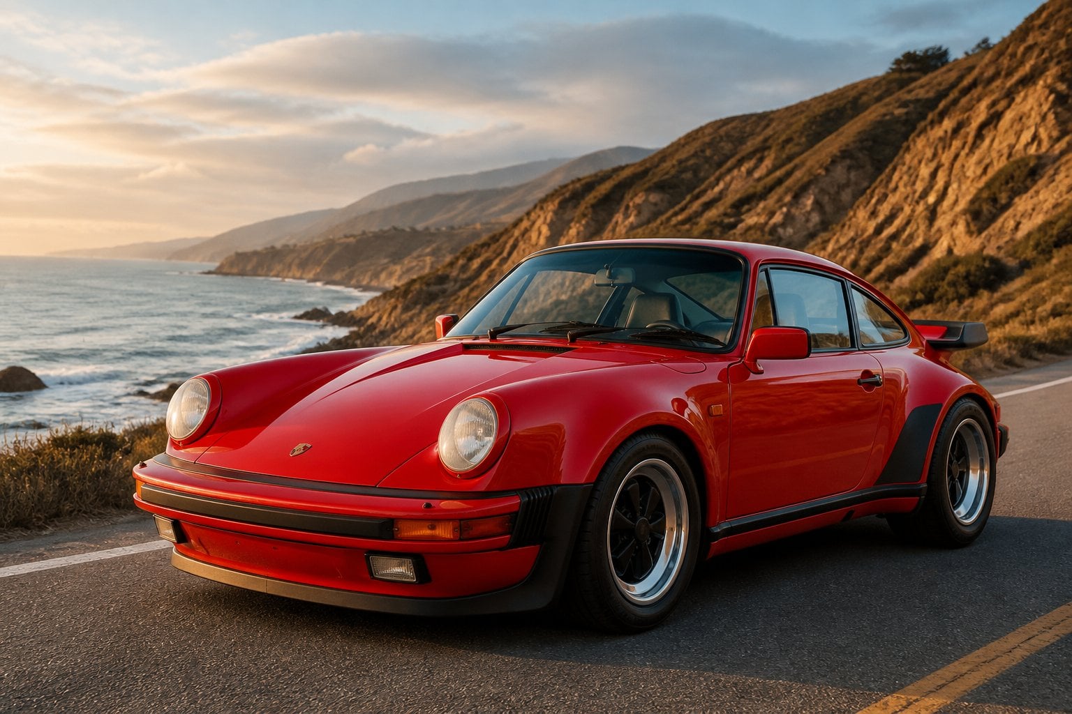 Red Porsche 911 Turbo (930) parked on a coastal road with cliffs and ocean in the background during sunset.