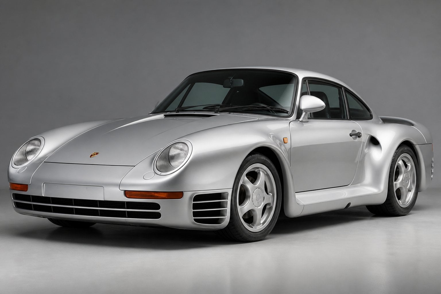 A silver Porsche 959 sports car displayed on a plain background, showing its front and side view.
