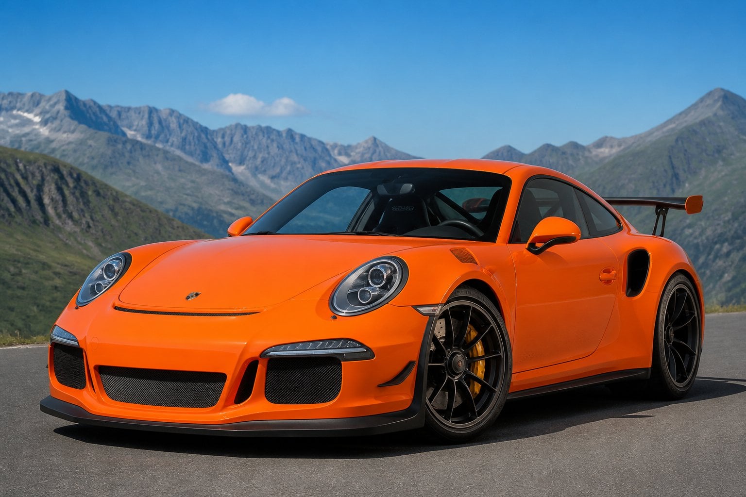 A Porsche 911 GT3 RS (997) parked on a road with mountains in the background under a clear sky.