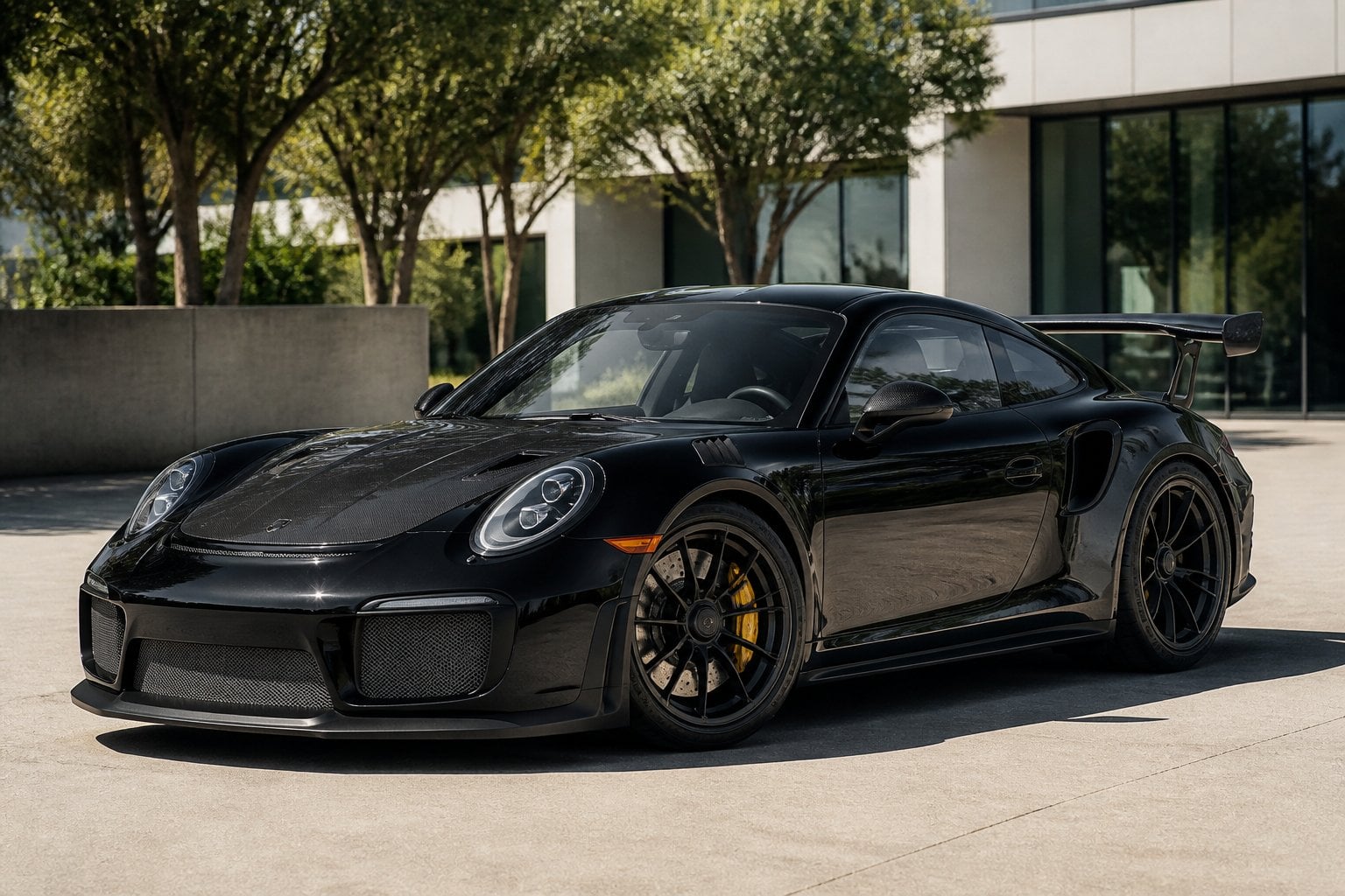 A Porsche 911 GT2 RS (991) parked outdoors with a modern urban background.