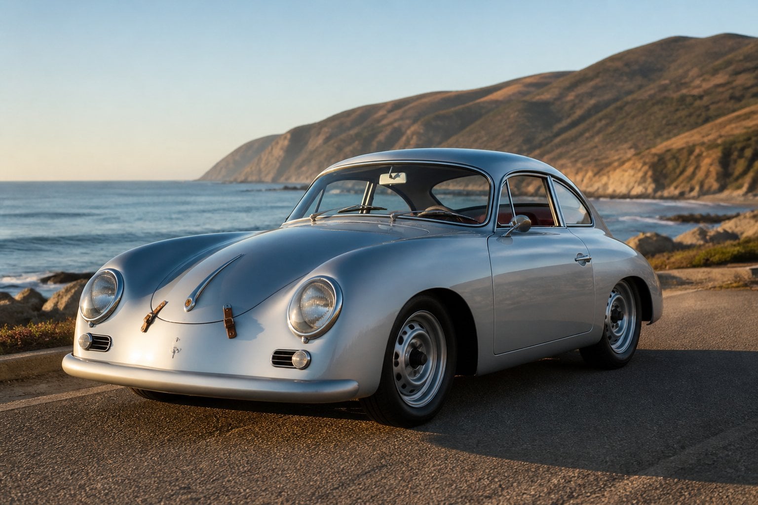 A silver Porsche 356A Carrera GS parked on a coastal road with ocean and cliffs in the background.