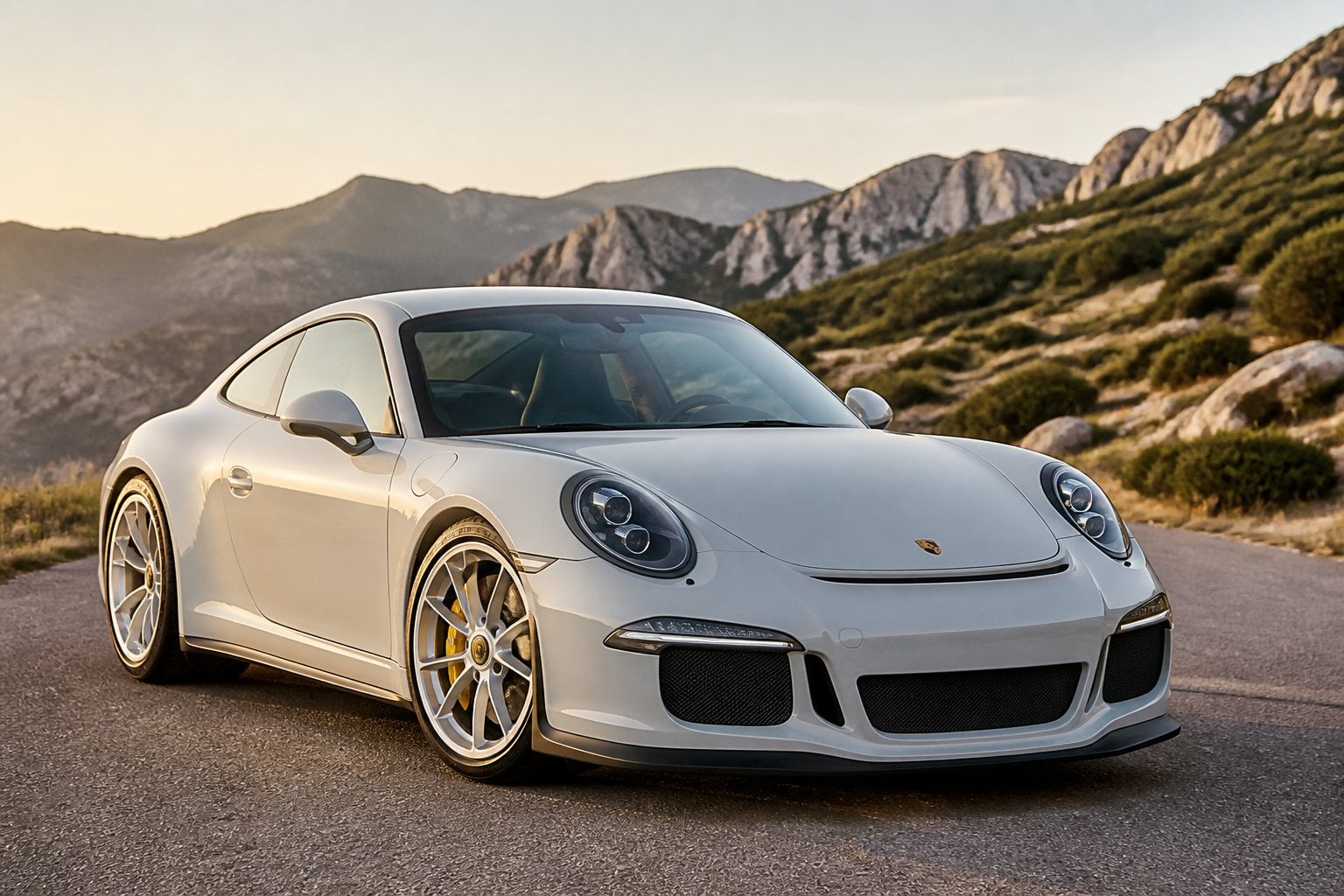 A Porsche 911 R (2016) parked on a mountain road with a clear sky and rocky terrain in the background.