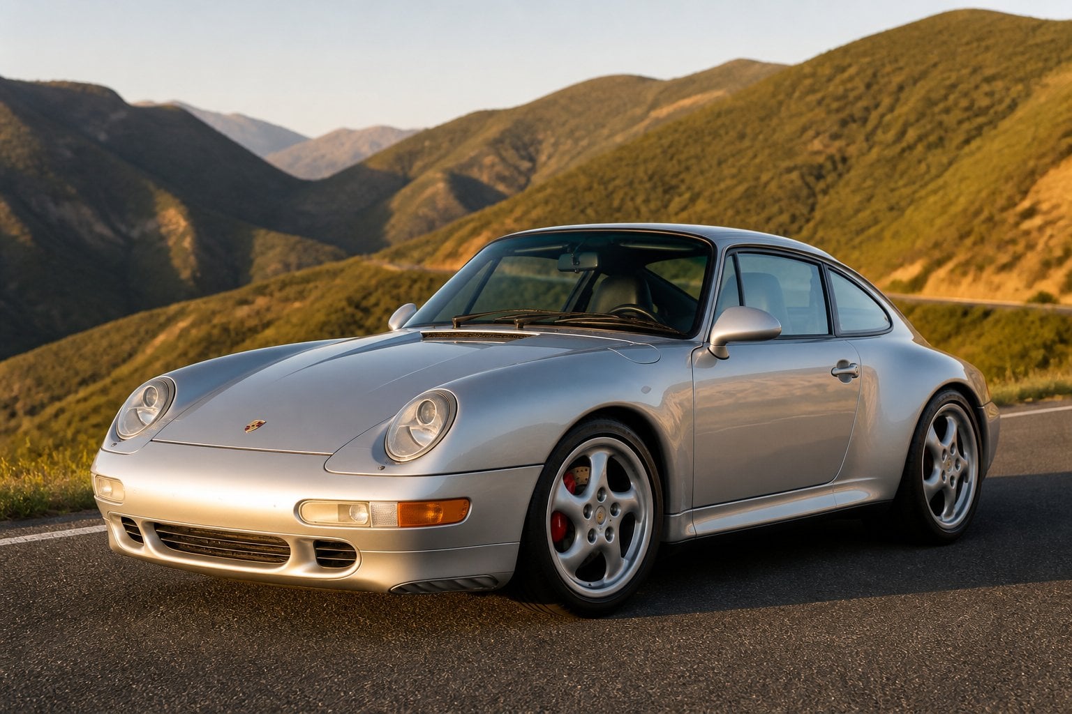 A silver Porsche 911 Carrera S (993) parked on a mountain road with green hills in the background under warm sunlight.