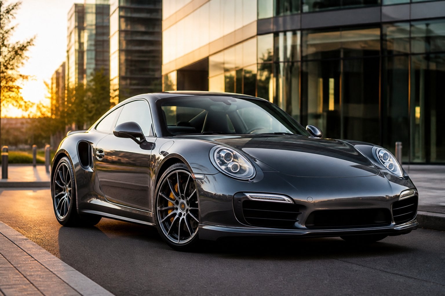 A Porsche 911 Turbo S (991) parked on a city street with modern buildings in the background.