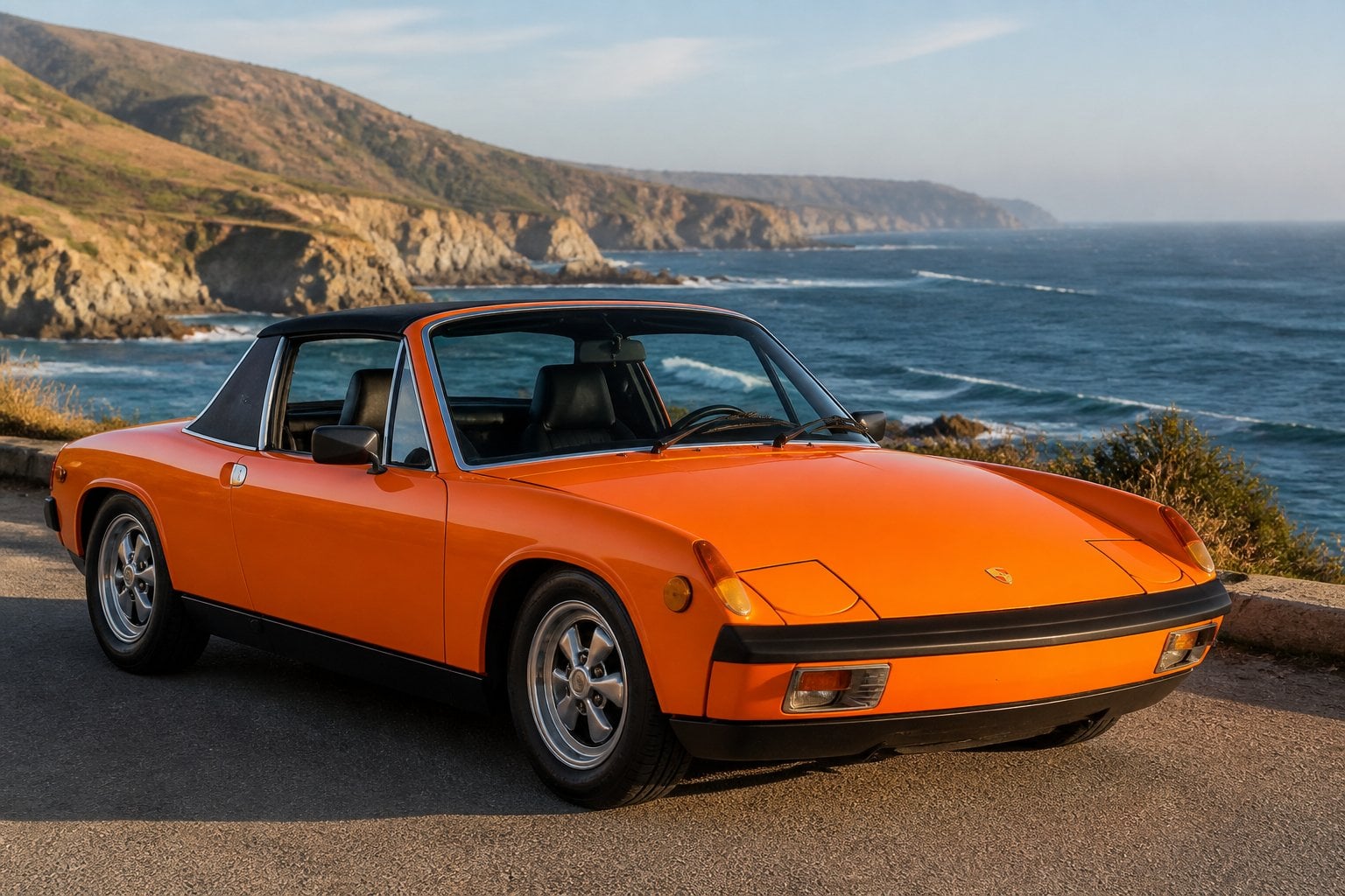 A bright orange Porsche 914/6 sports car parked on a coastal road with ocean and cliffs in the background.