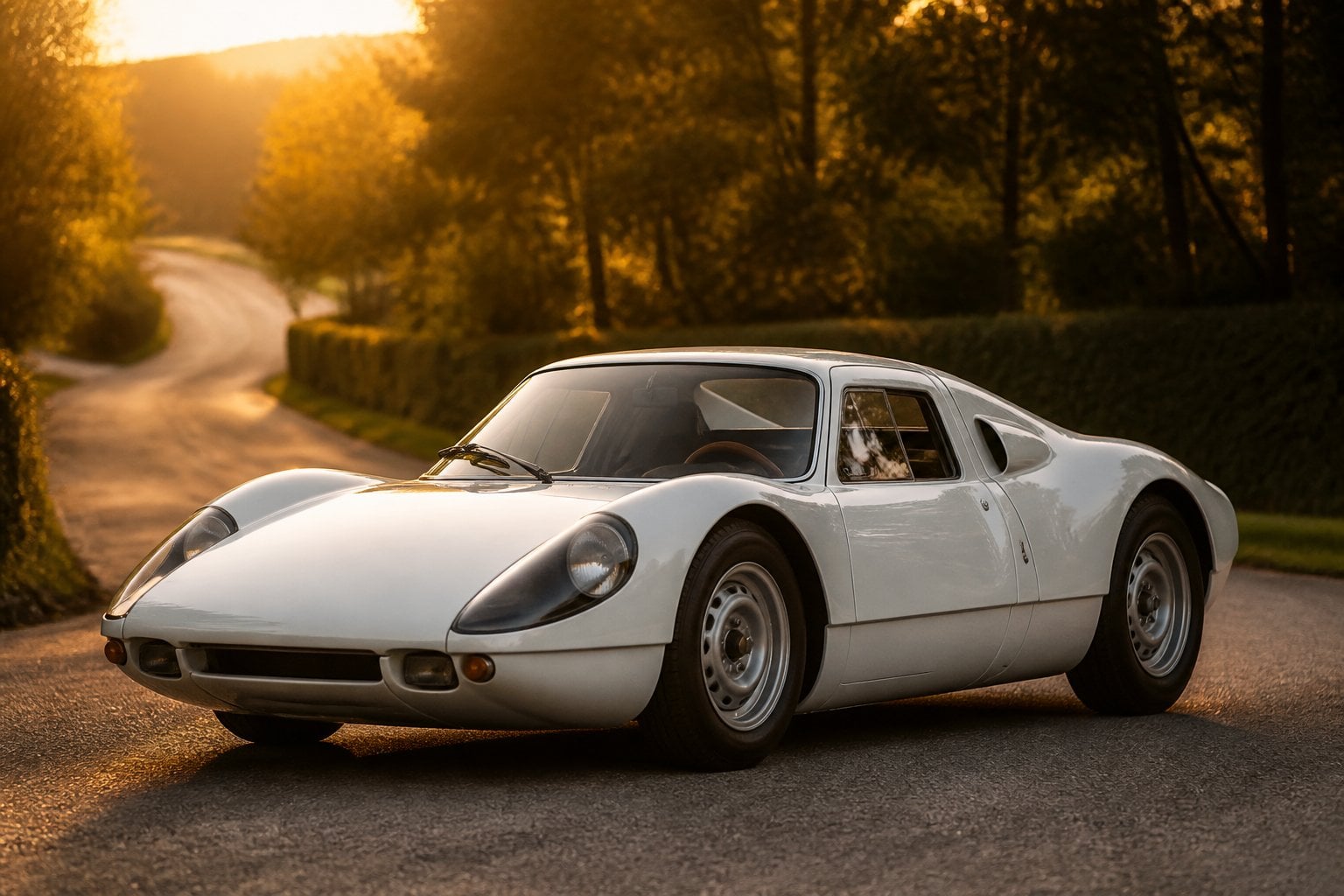 A classic Porsche 904 GTS sports car parked outdoors with trees and a road in the background.