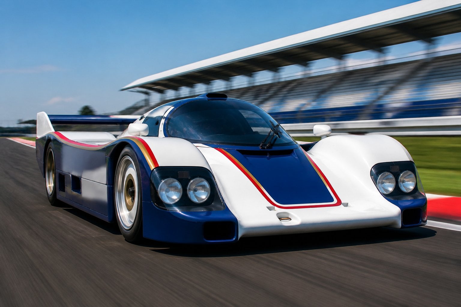 A Porsche 962 C racing car on a racetrack with blurred background showing speed.