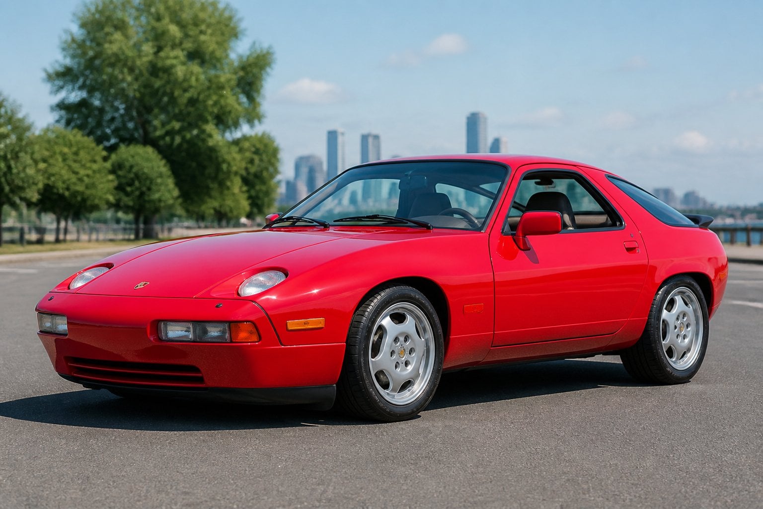 A Porsche 928 S4 car parked outdoors, shown from the front side with a blurred background.