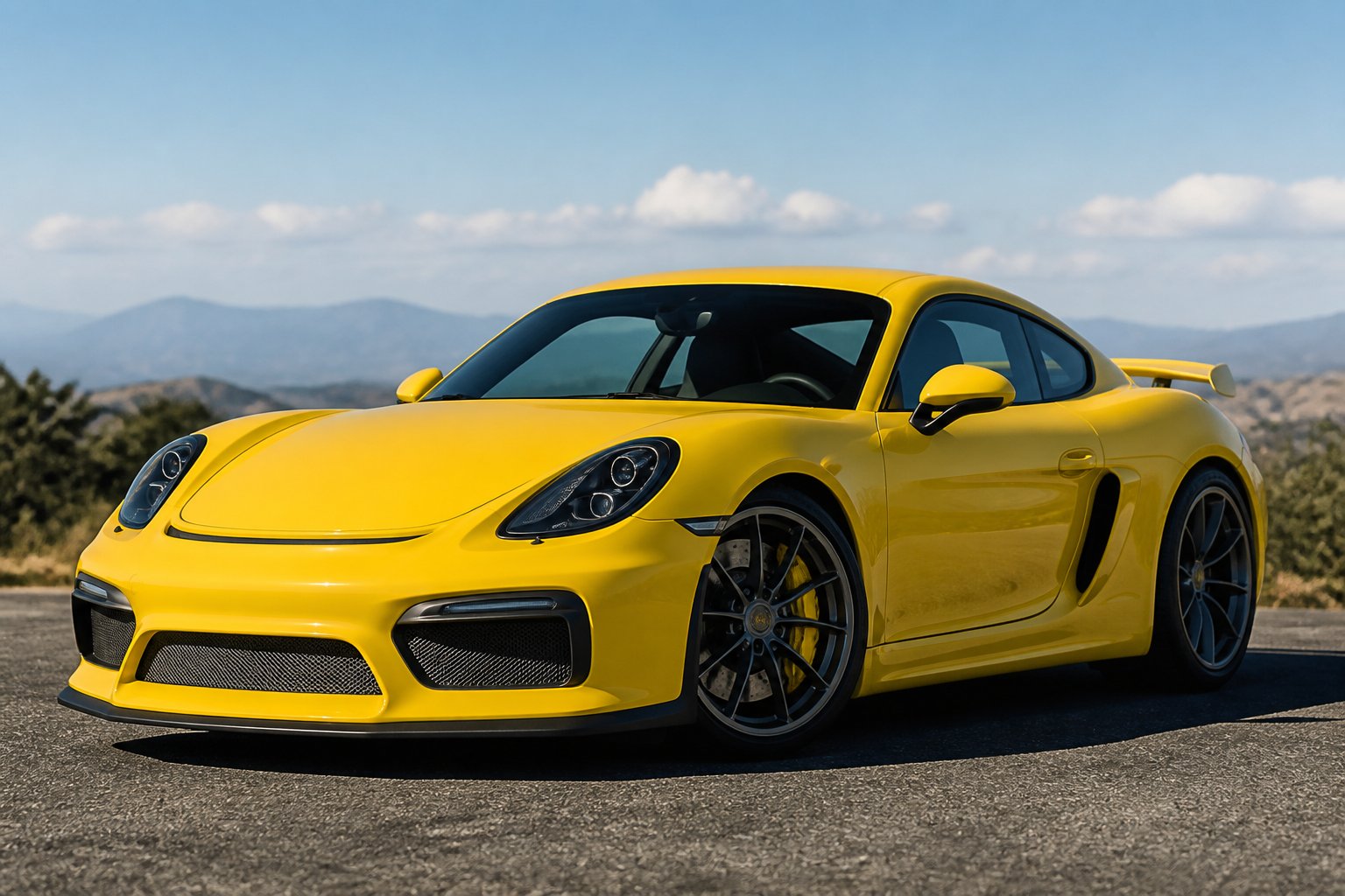 A Porsche Cayman GT4 (981) parked outdoors, shown from the front side with a clear sky and greenery in the background.