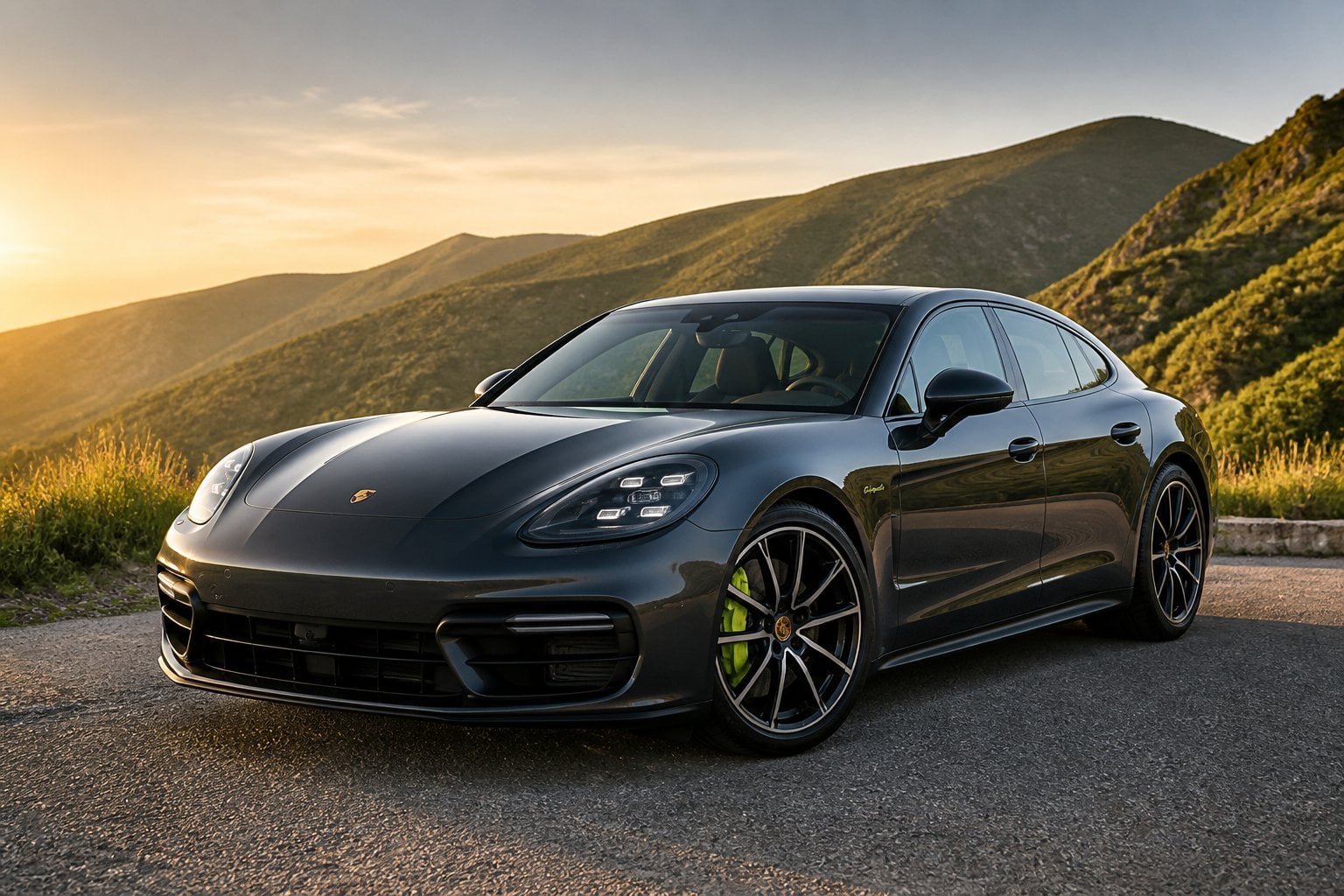 A Porsche Panamera Turbo S E-Hybrid parked on a mountain road with green hills and a clear sky in the background.