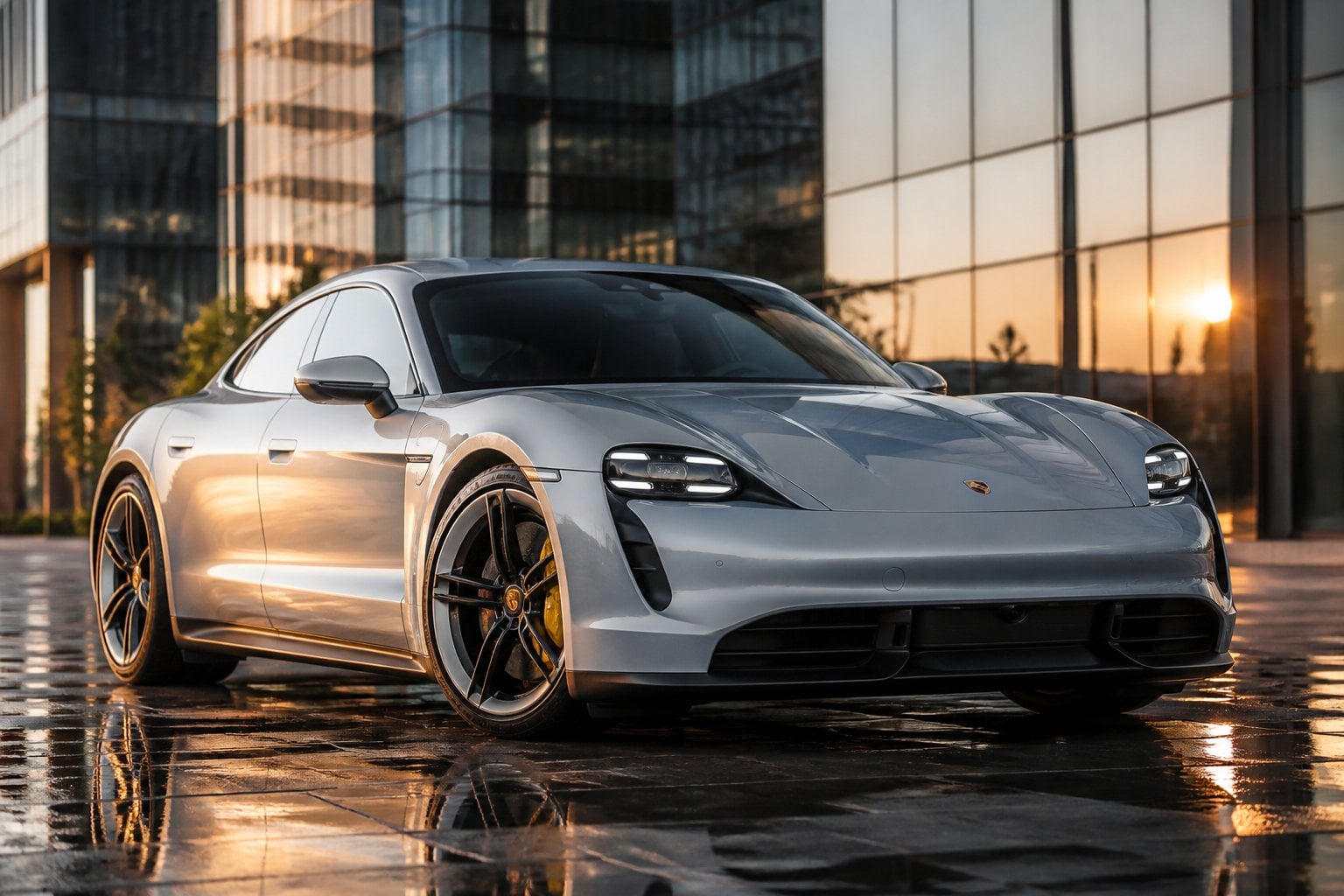 A Porsche Taycan Turbo S parked on a city street with modern buildings in the background during sunset.