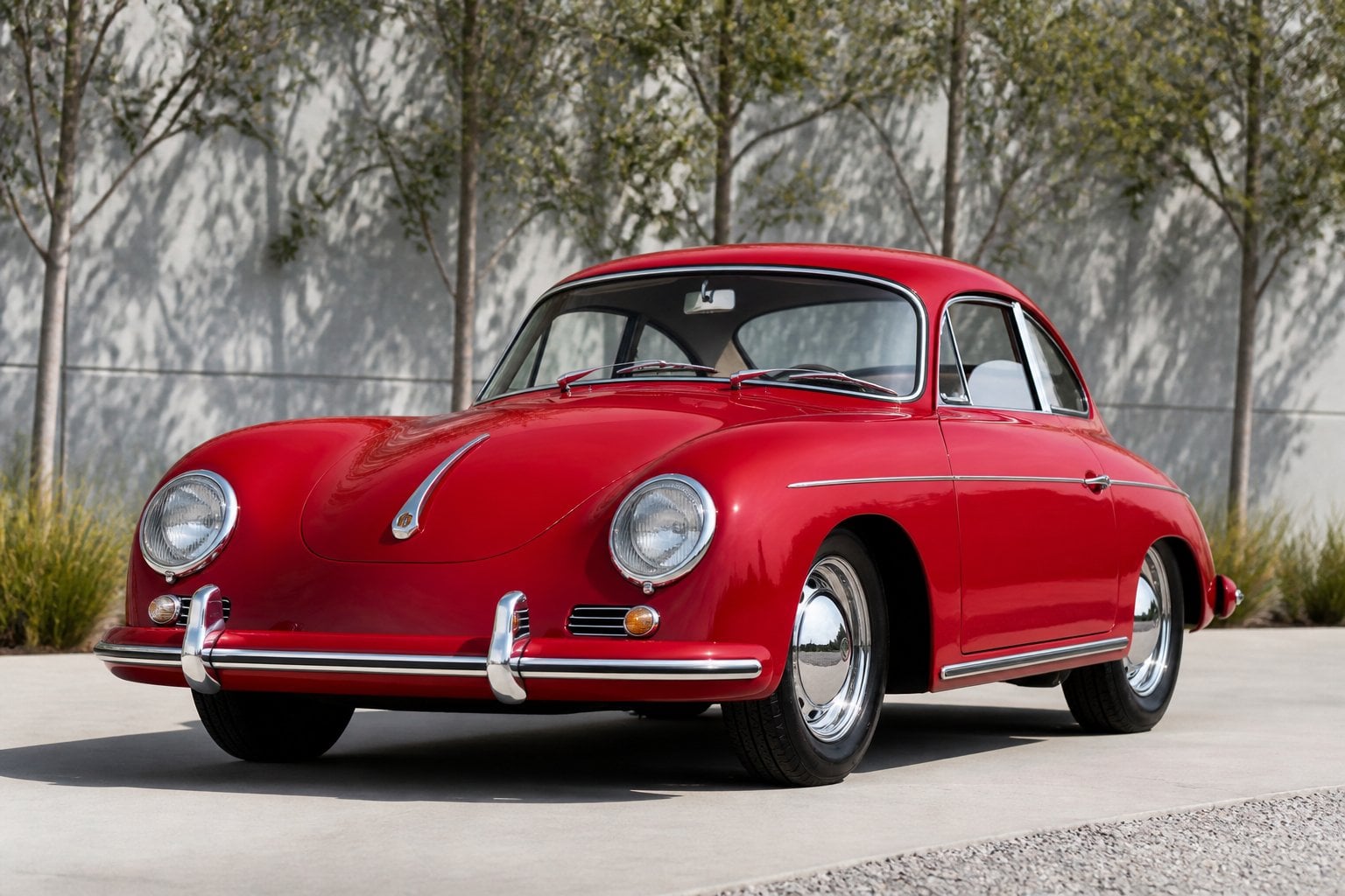A red vintage Porsche 356A Pre-A Coupe parked outdoors on a sunny day with an urban background.