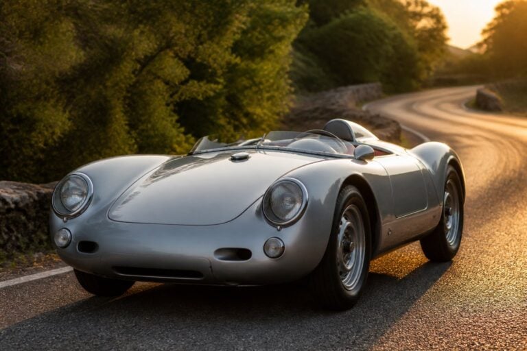 A silver Porsche 550 Spyder sports car parked on a winding road surrounded by green trees and sunlight.