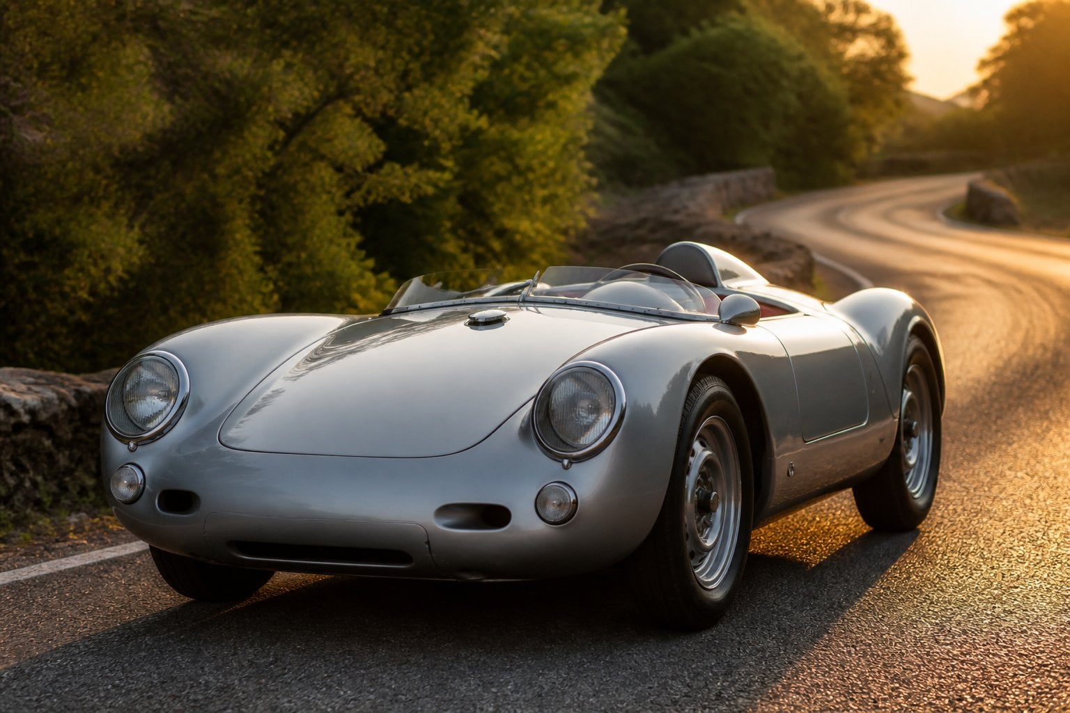A silver Porsche 550 Spyder sports car parked on a winding road surrounded by green trees and sunlight.