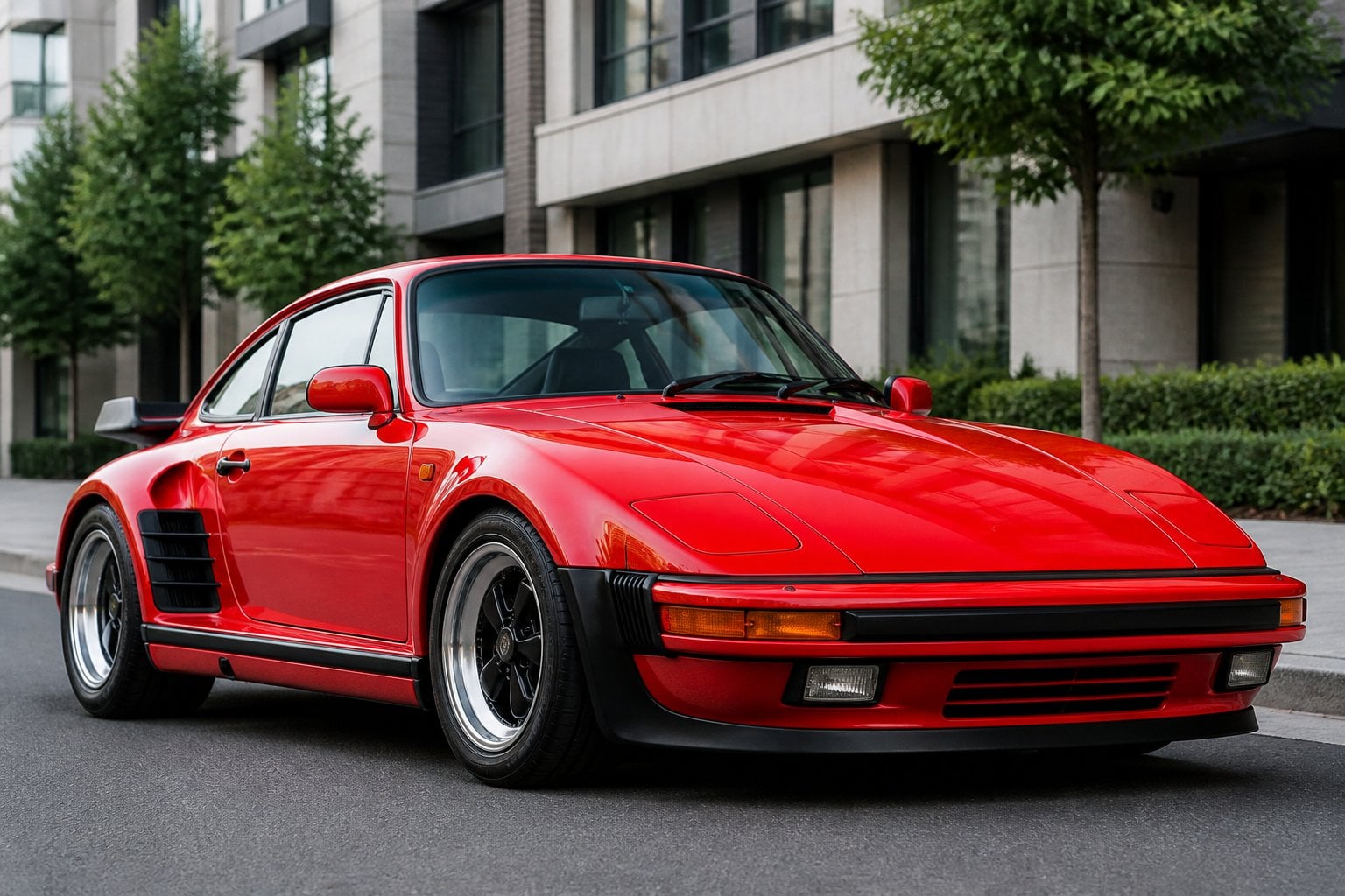 A red Porsche 930 Slantnose Turbo parked on a city street with buildings in the background.
