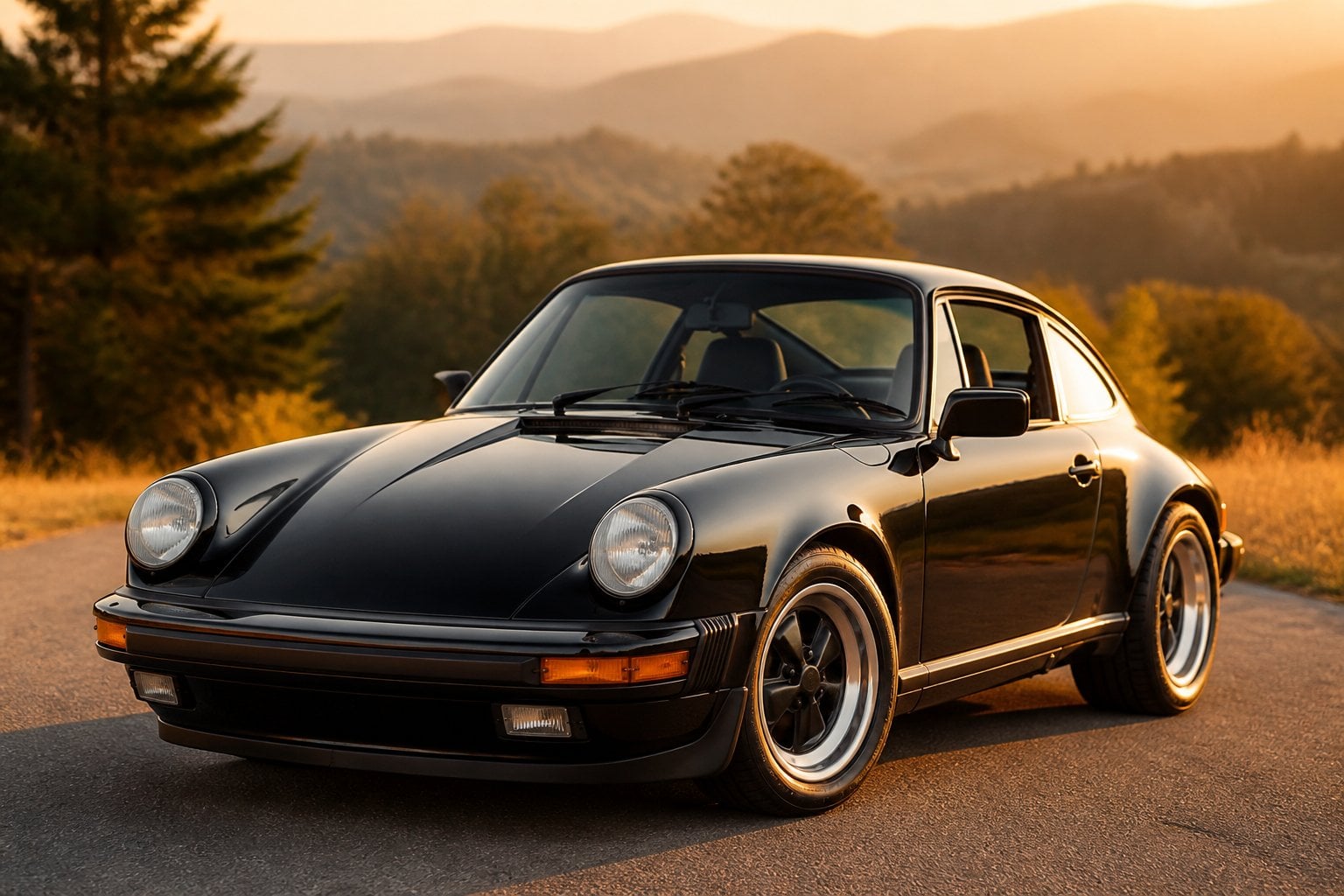 A classic Porsche 911 SC sports car parked on a scenic road with trees and hills in the background.