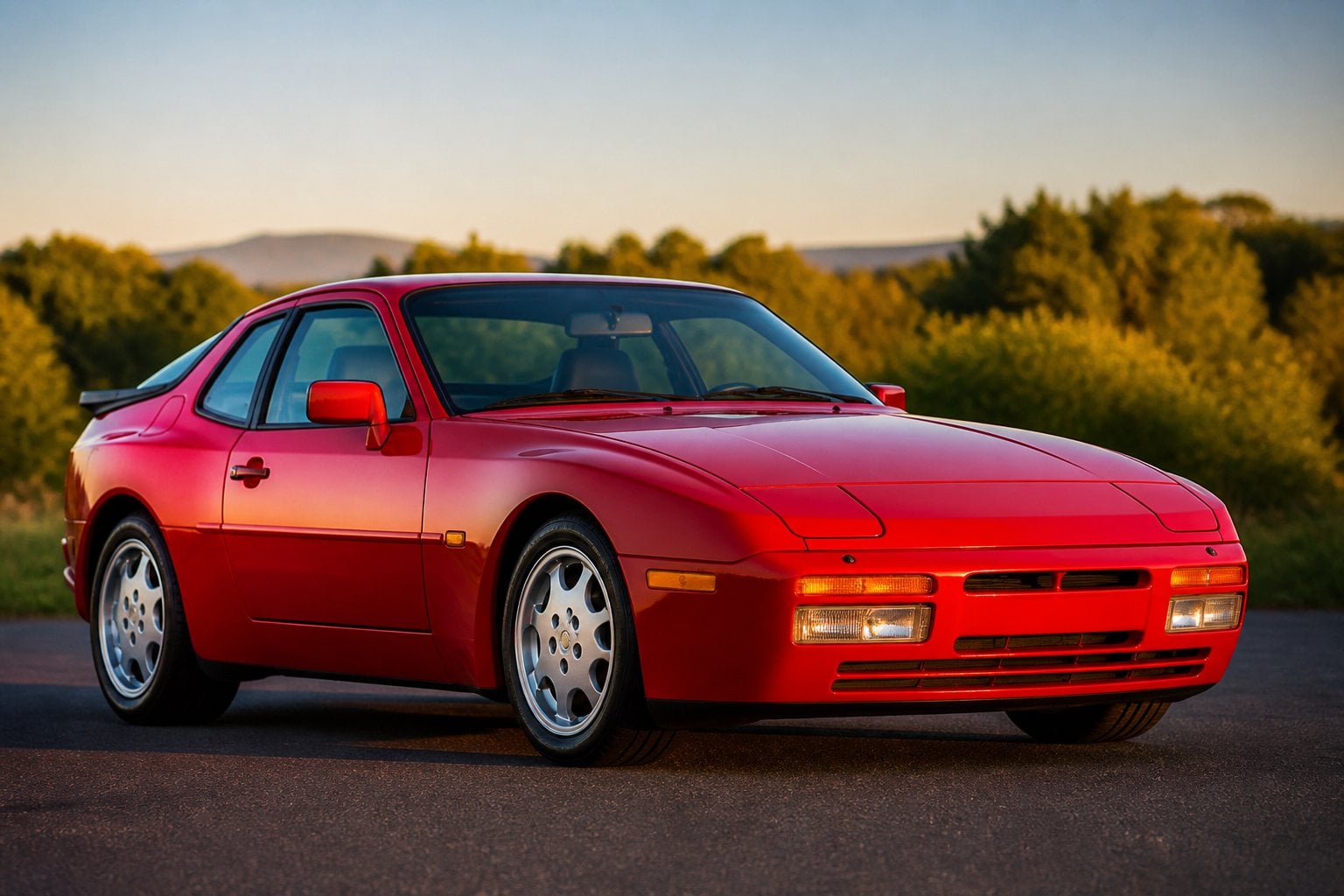 Red Porsche 944 Turbo S parked outdoors with trees and blue sky in the background.