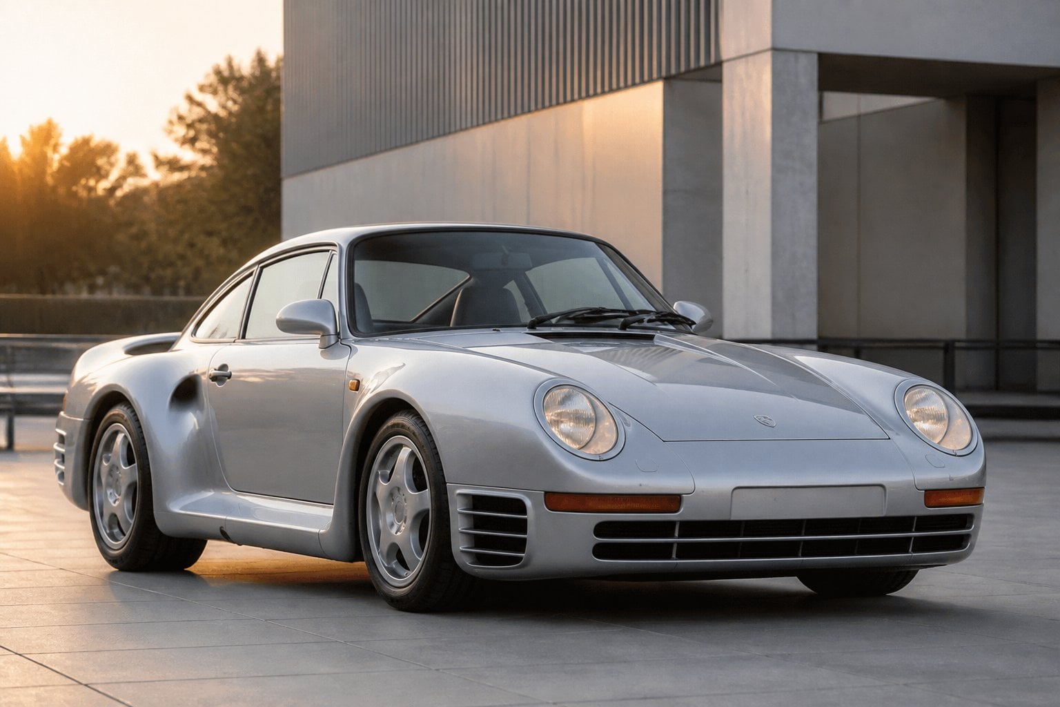 A silver Porsche 959 Komfort parked at an angle in an urban setting with modern buildings in the background.