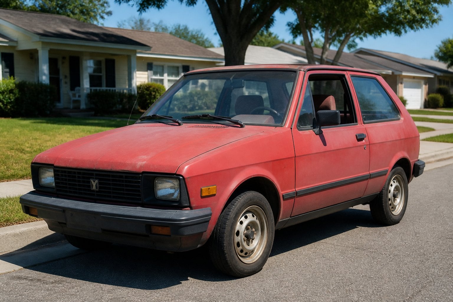 A worn Yugo GV car parked on a suburban street with houses and trees in the background.