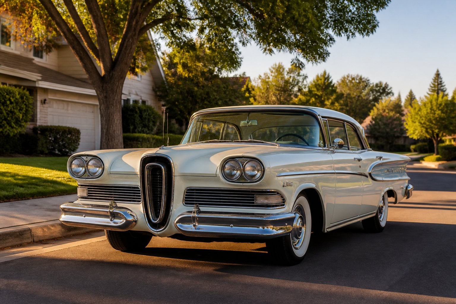 A classic 1958 Ford Edsel car parked on a suburban street with houses and trees in the background.